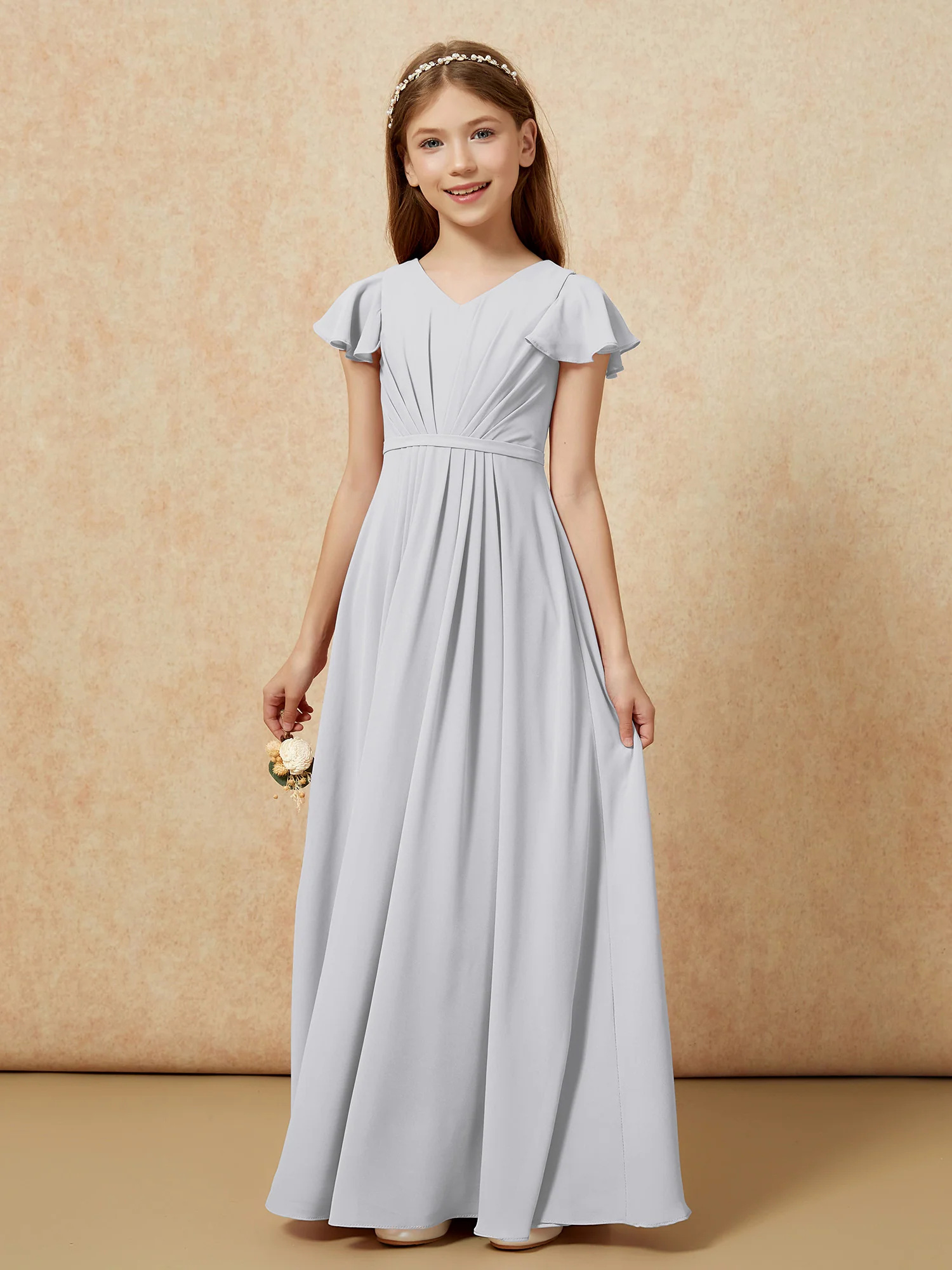 Flutter Sleeves V-neck Chiffon Junior Bridesmaid Dresses Silver - Image 7
