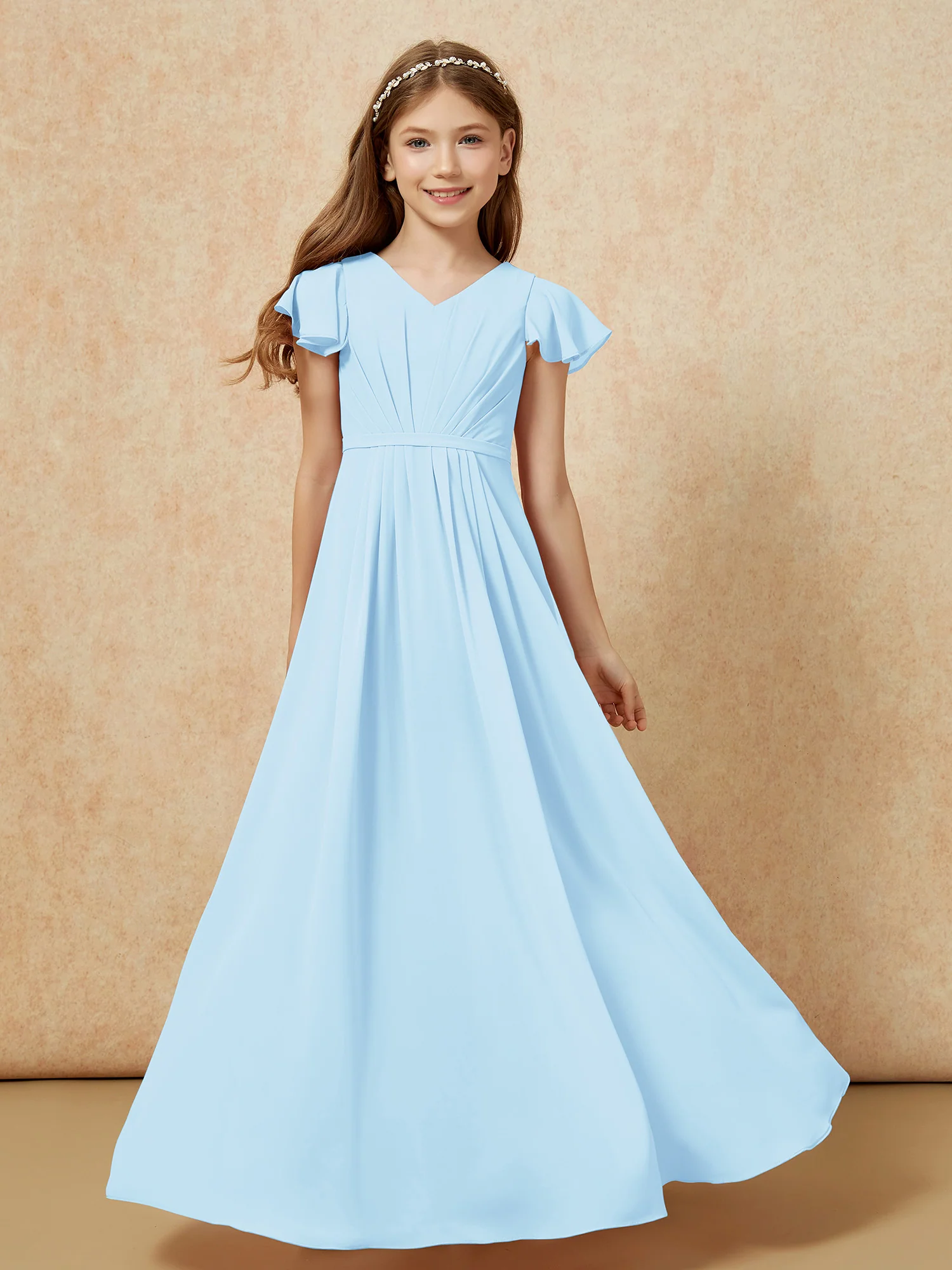 Flutter Sleeves V-neck Chiffon Junior Bridesmaid Dresses Sky Blue
