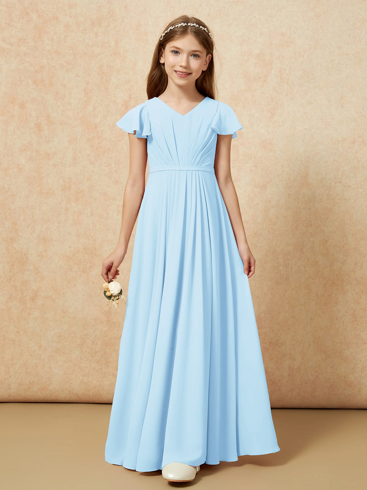 Flutter Sleeves V-neck Chiffon Junior Bridesmaid Dresses Sky Blue - Image 6