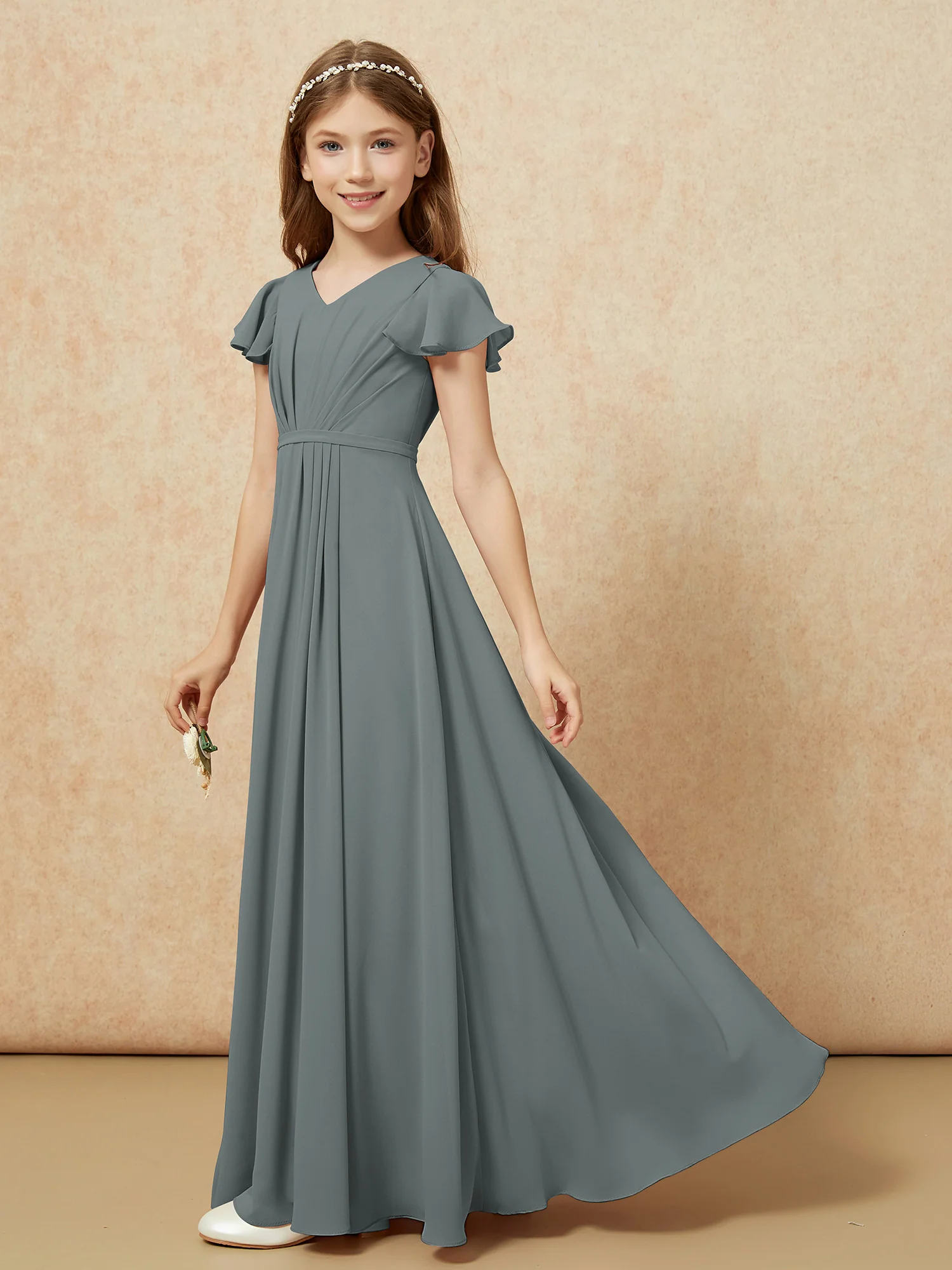 Flutter Sleeves V-neck Chiffon Junior Bridesmaid Dresses Steel Grey - Image 3