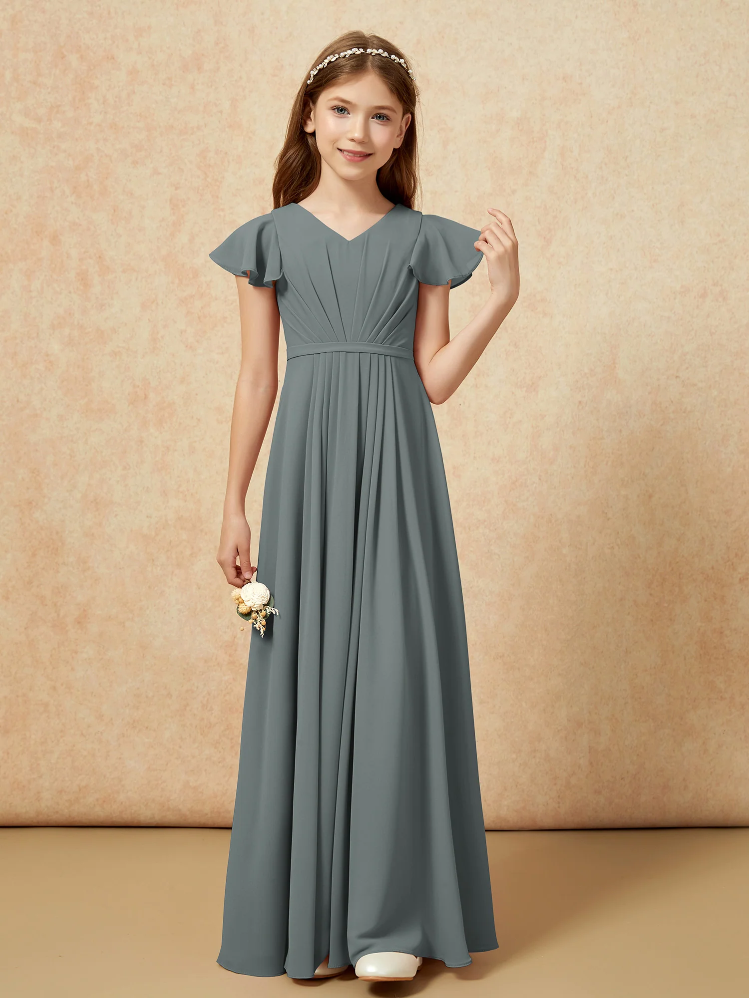 Flutter Sleeves V-neck Chiffon Junior Bridesmaid Dresses Steel Grey - Image 4