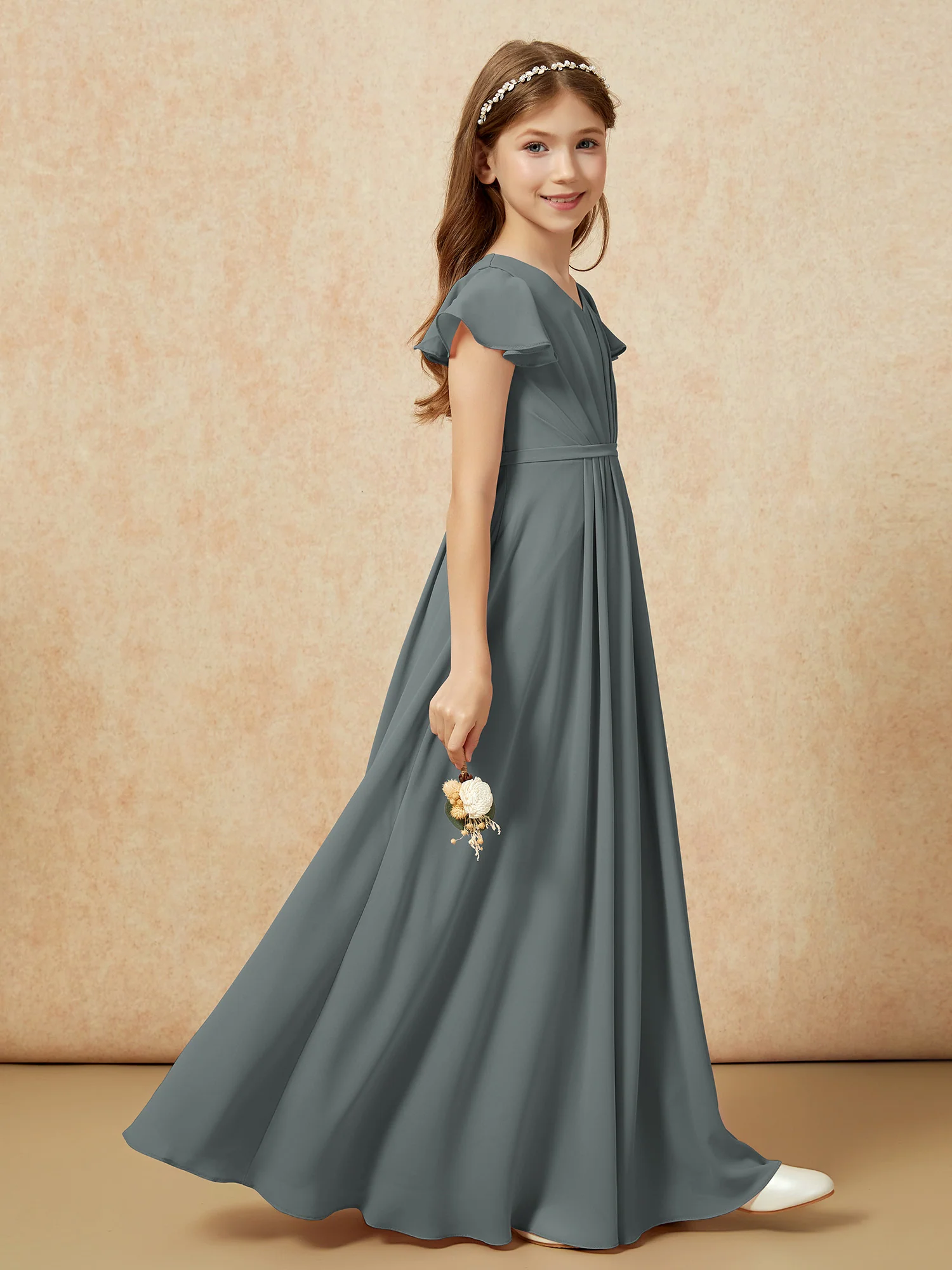 Flutter Sleeves V-neck Chiffon Junior Bridesmaid Dresses Steel Grey - Image 5