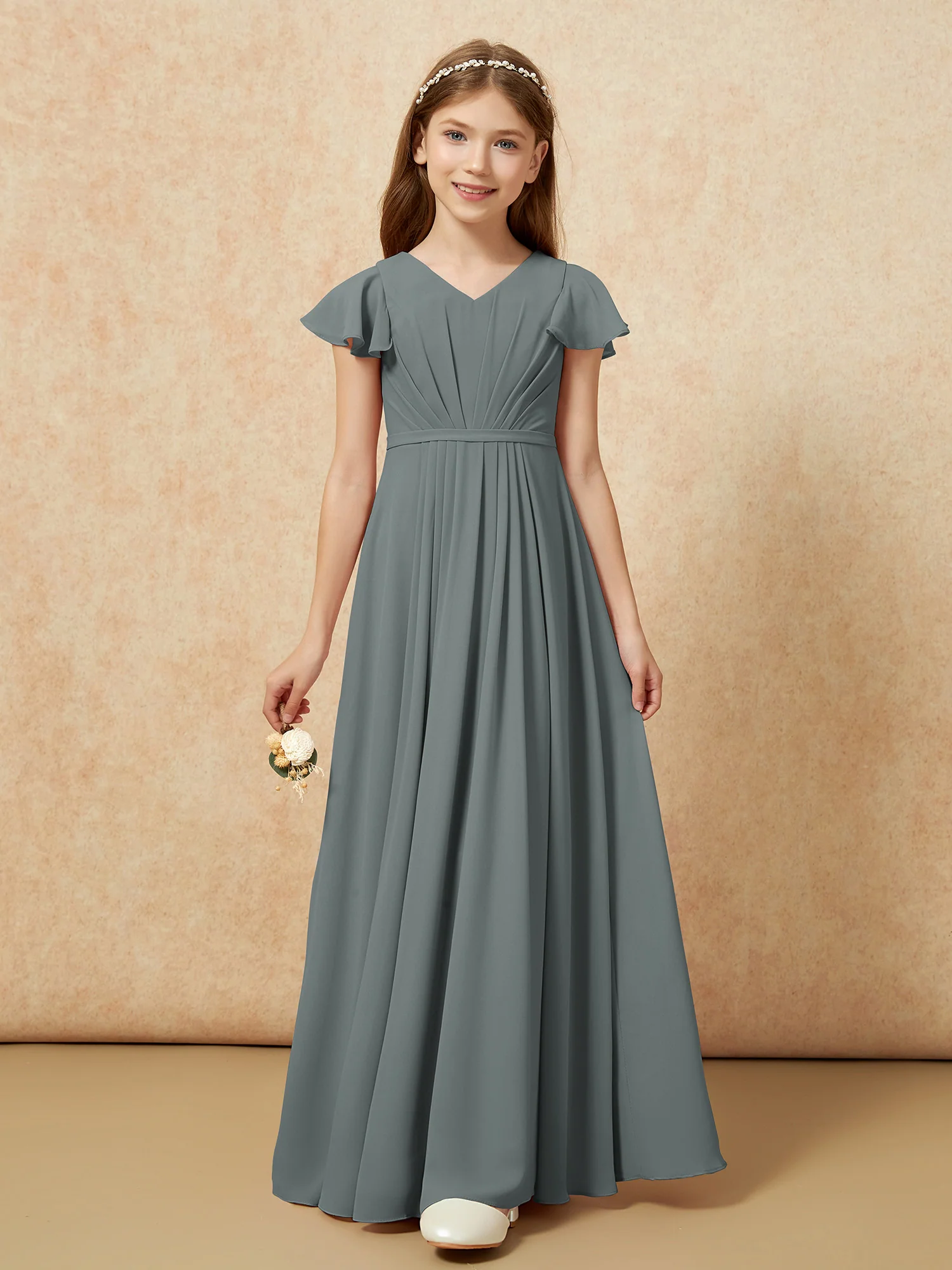 Flutter Sleeves V-neck Chiffon Junior Bridesmaid Dresses Steel Grey - Image 6
