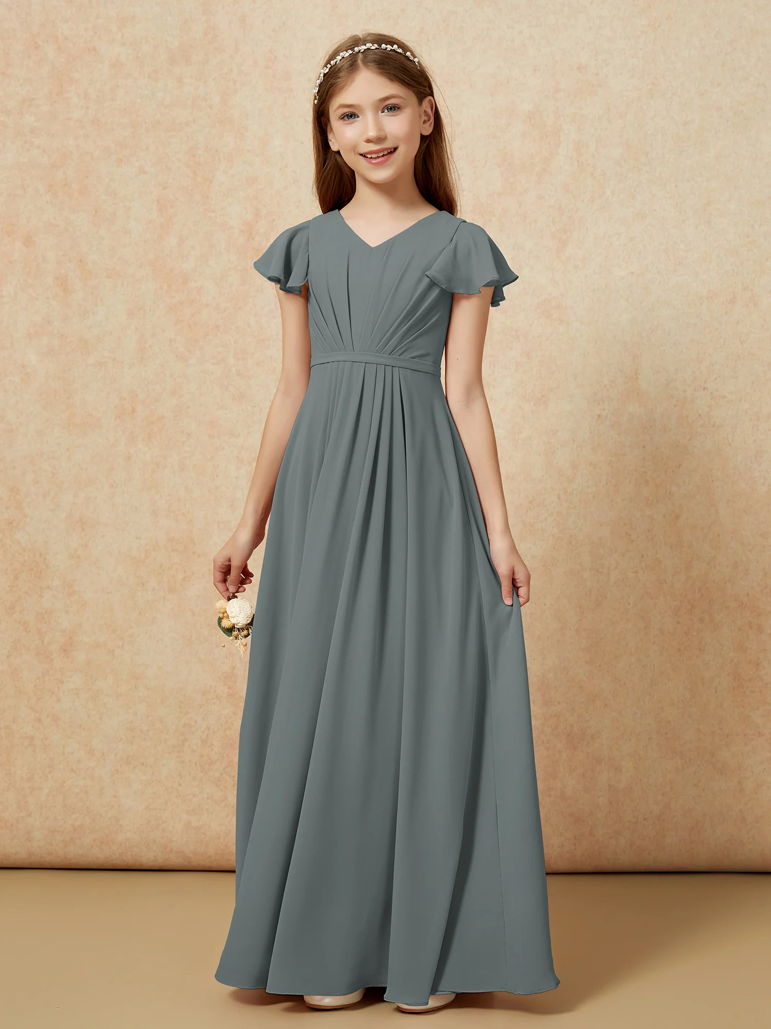 Flutter Sleeves V-neck Chiffon Junior Bridesmaid Dresses Steel Grey - Image 7