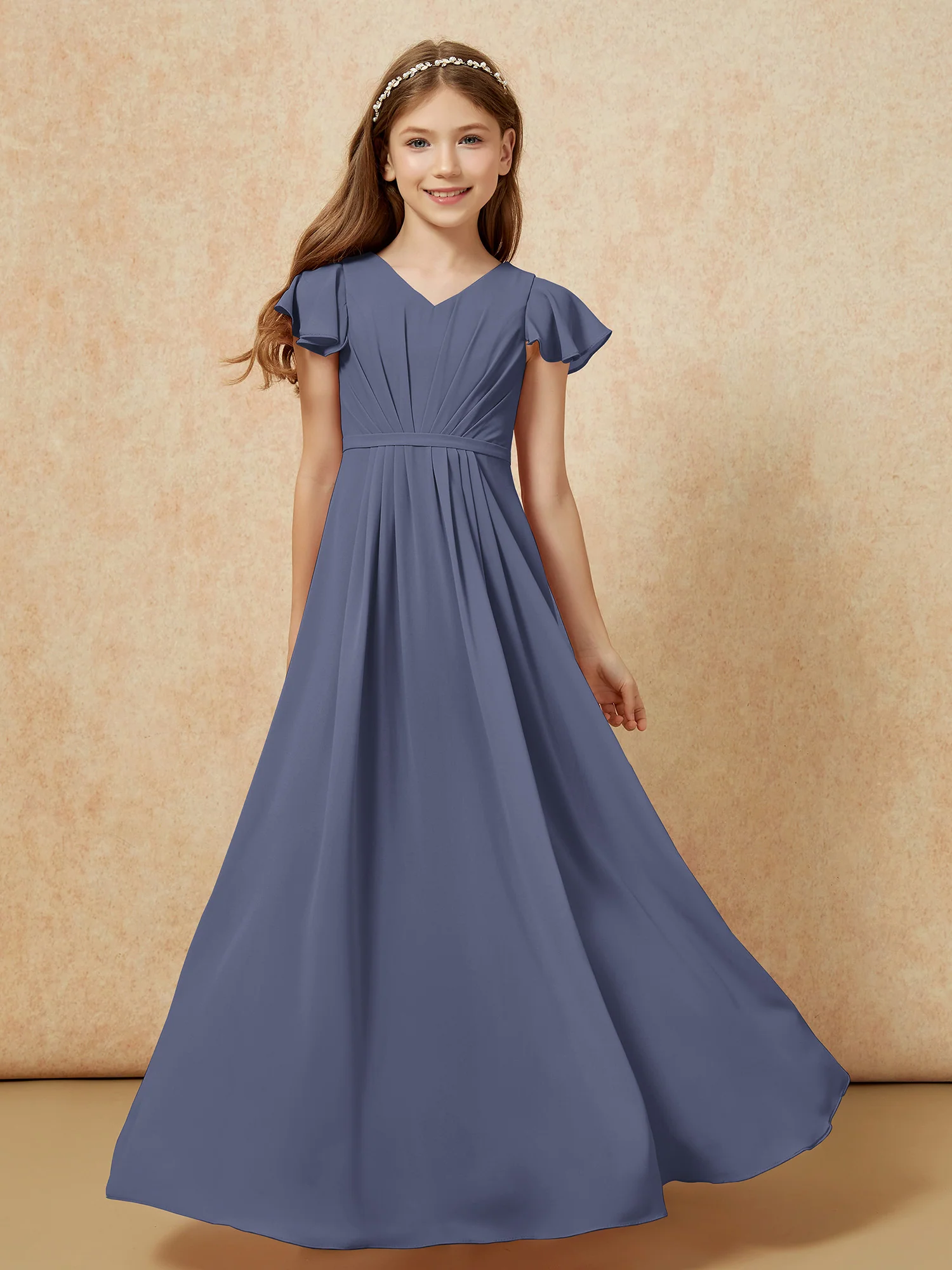 Flutter Sleeves V-neck Chiffon Junior Bridesmaid Dresses Stormy