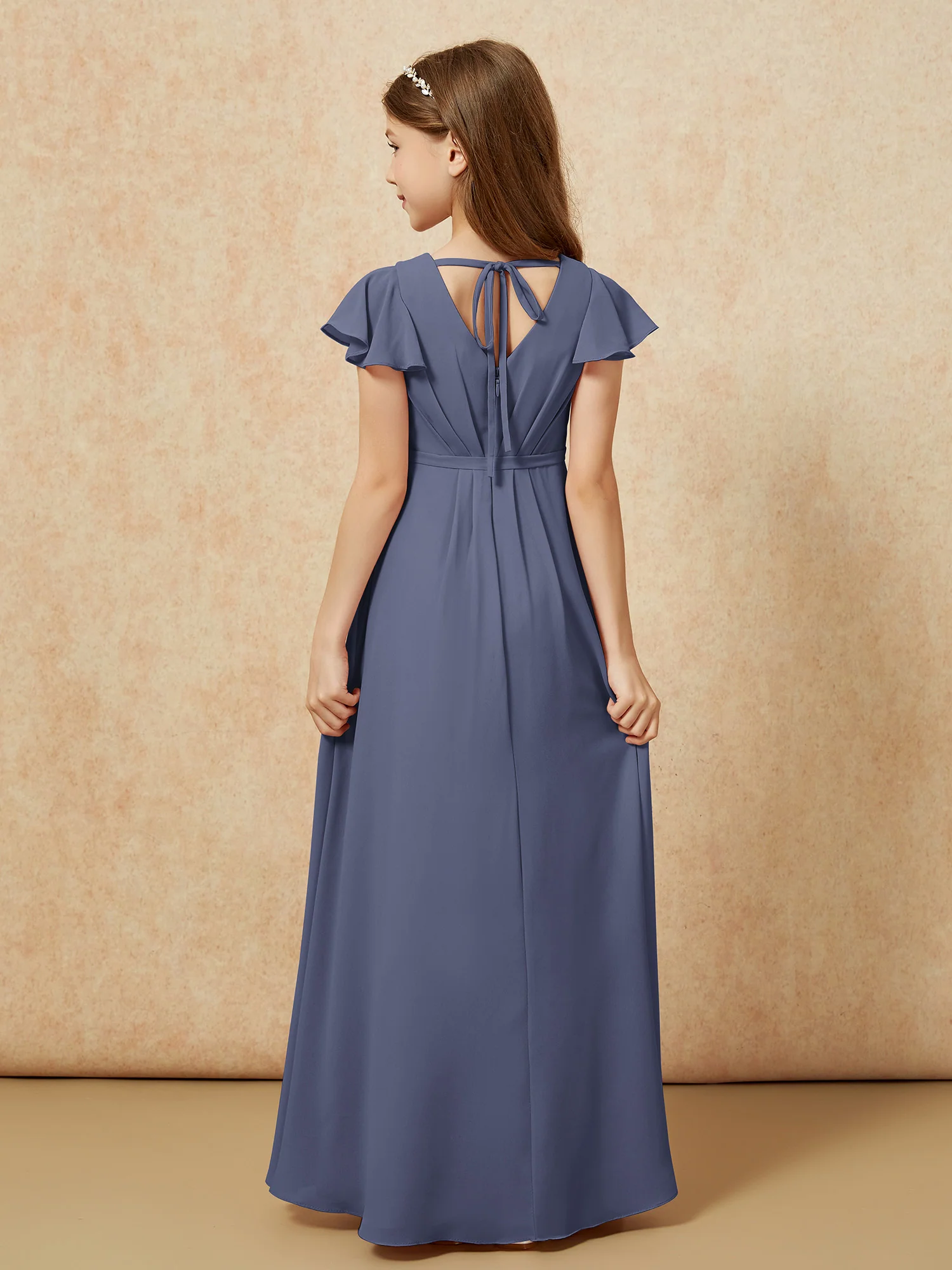 Flutter Sleeves V-neck Chiffon Junior Bridesmaid Dresses Stormy - Image 2