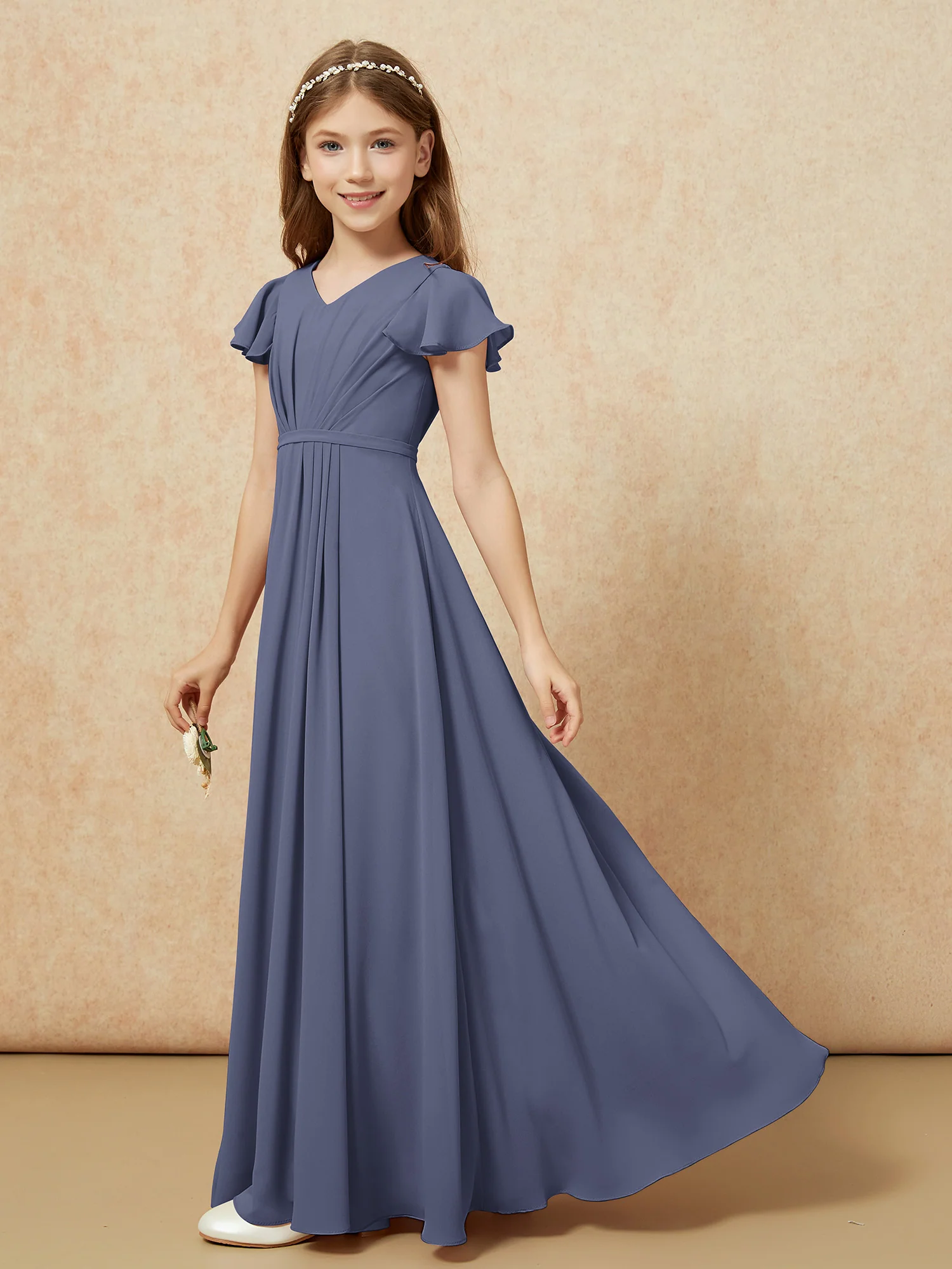Flutter Sleeves V-neck Chiffon Junior Bridesmaid Dresses Stormy - Image 3