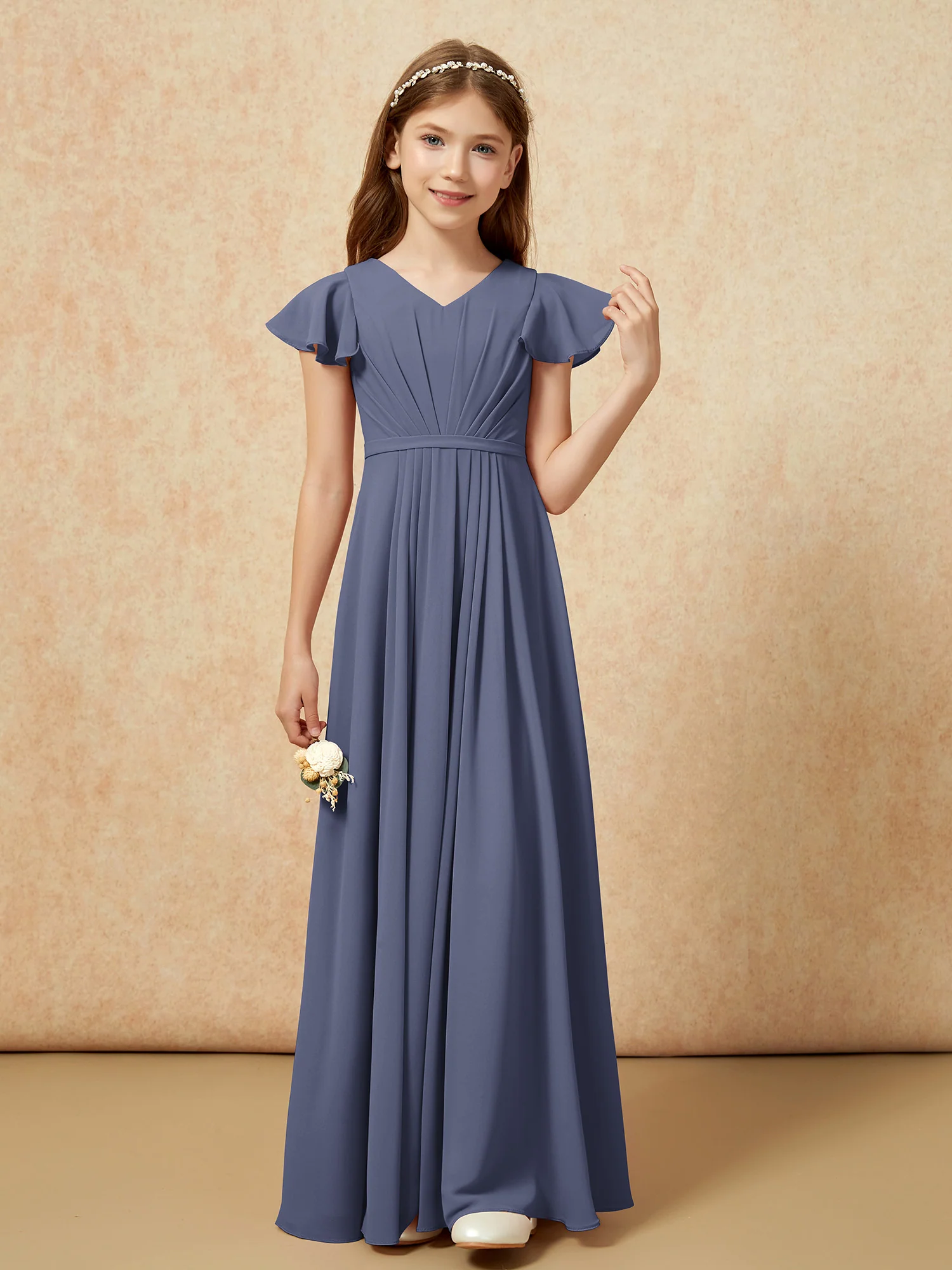 Flutter Sleeves V-neck Chiffon Junior Bridesmaid Dresses Stormy - Image 4