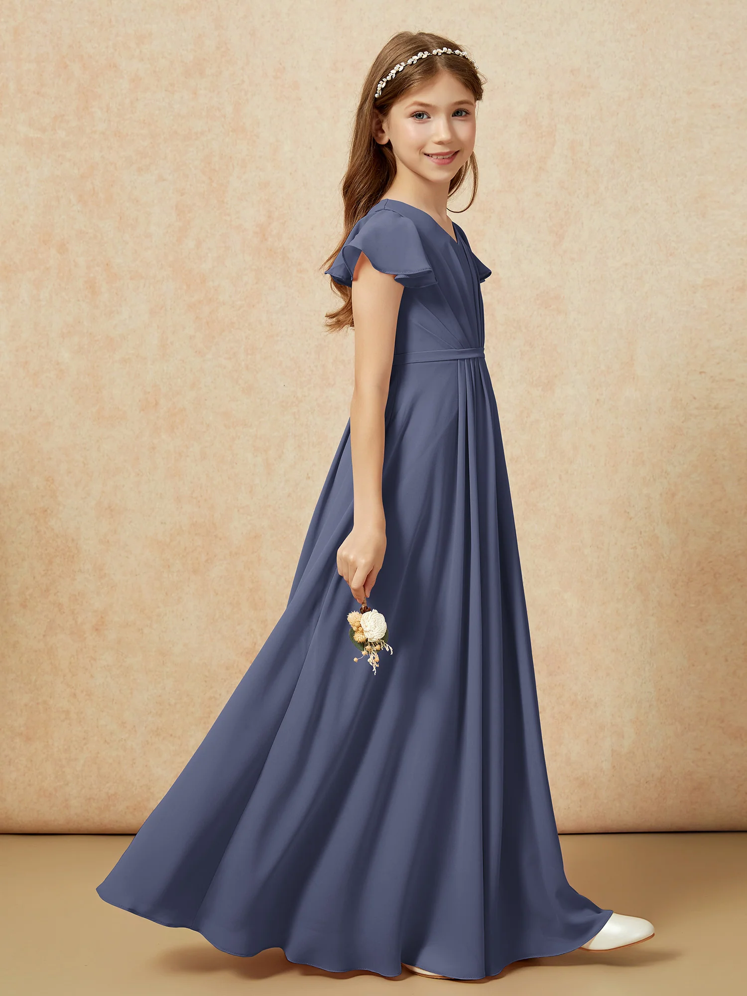 Flutter Sleeves V-neck Chiffon Junior Bridesmaid Dresses Stormy - Image 5