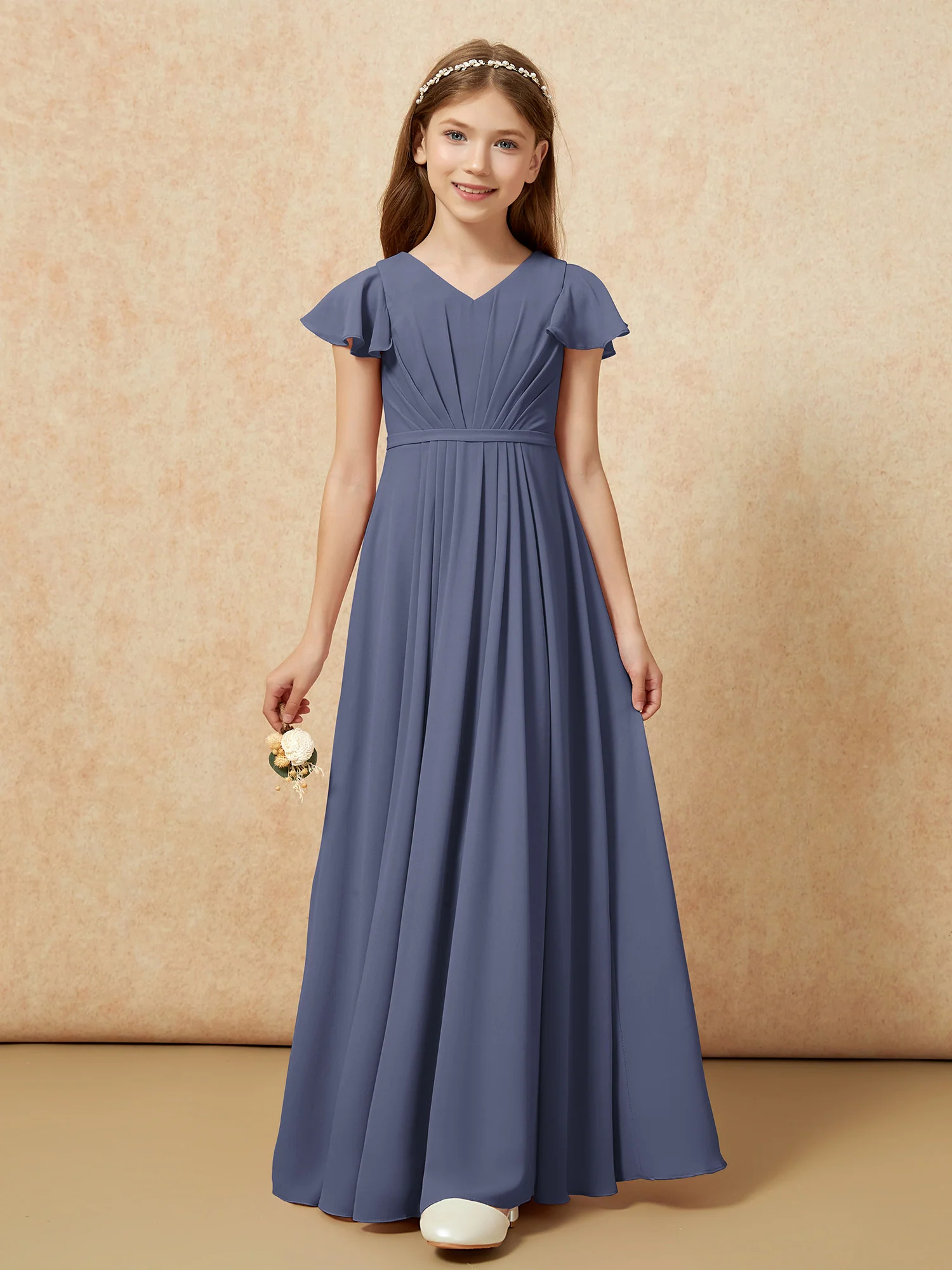 Flutter Sleeves V-neck Chiffon Junior Bridesmaid Dresses Stormy - Image 6
