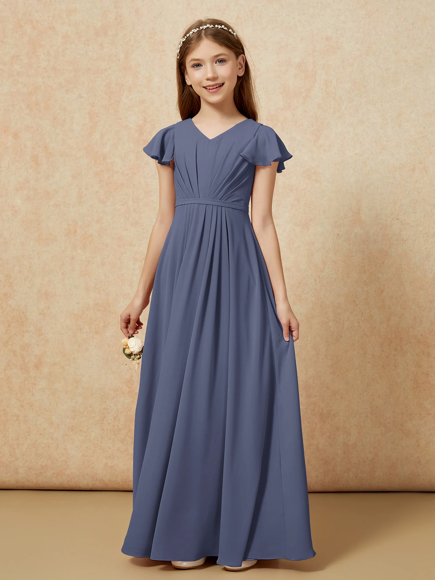 Flutter Sleeves V-neck Chiffon Junior Bridesmaid Dresses Stormy - Image 7