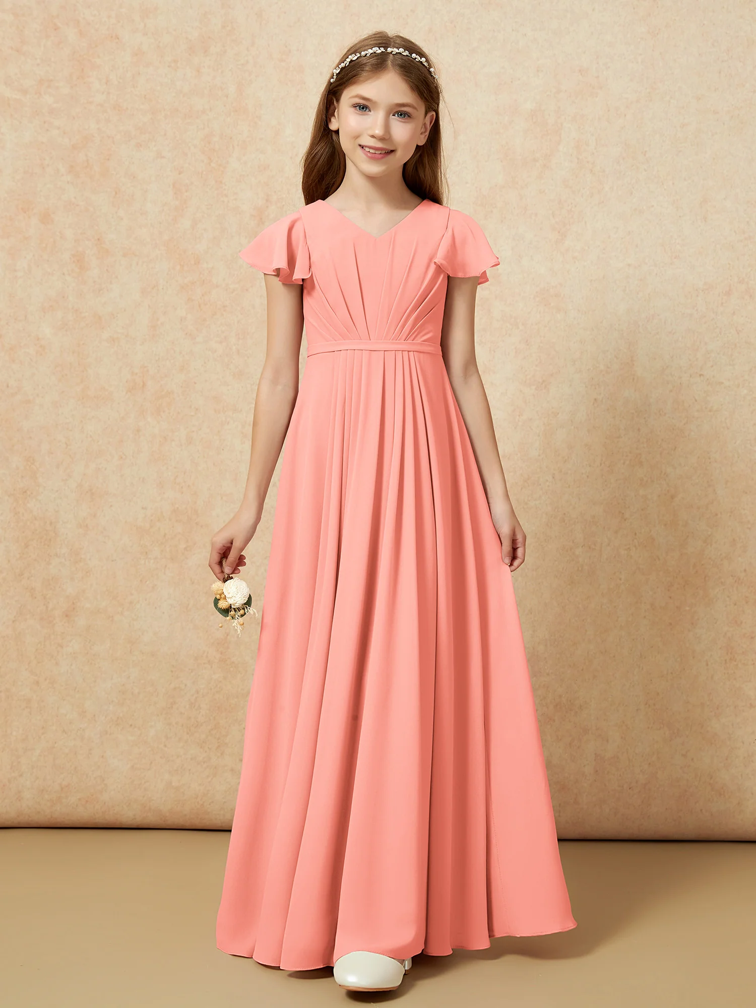 Flutter Sleeves V-neck Chiffon Junior Bridesmaid Dresses Sunset - Image 6