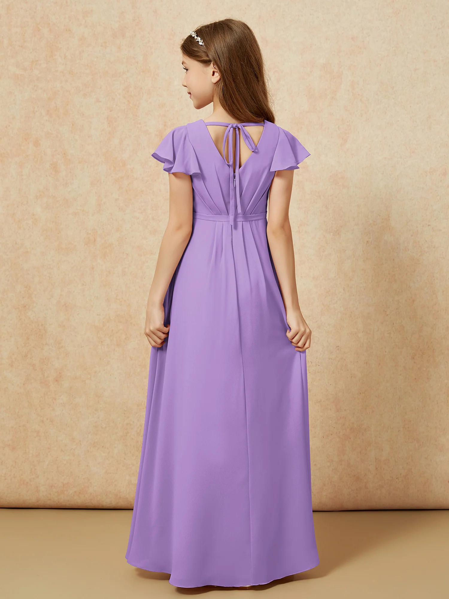Flutter Sleeves V-neck Chiffon Junior Bridesmaid Dresses Tahiti - Image 2