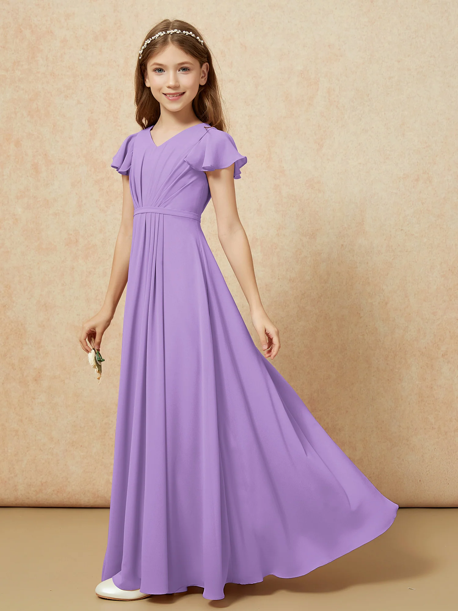 Flutter Sleeves V-neck Chiffon Junior Bridesmaid Dresses Tahiti - Image 3