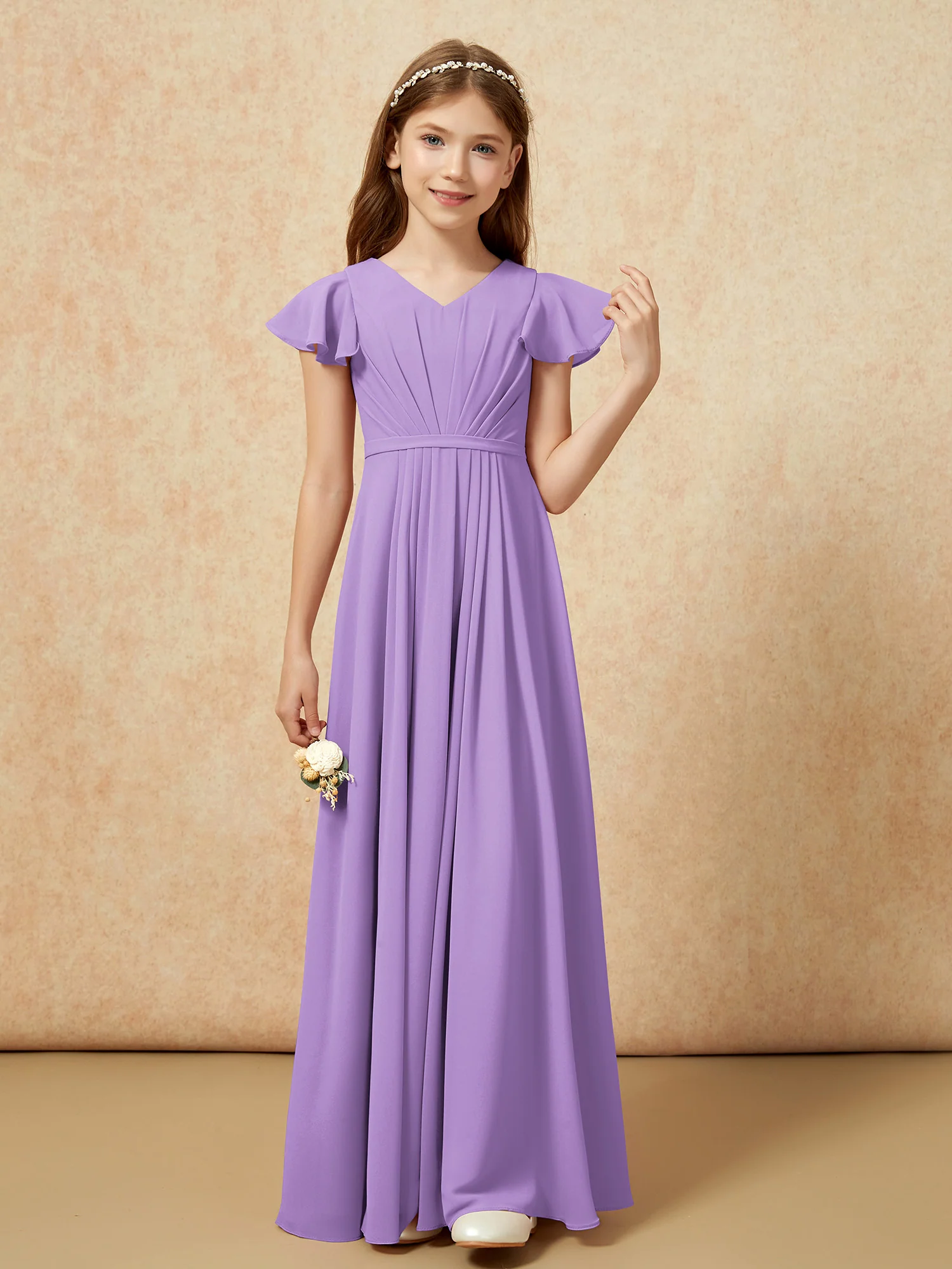 Flutter Sleeves V-neck Chiffon Junior Bridesmaid Dresses Tahiti - Image 4