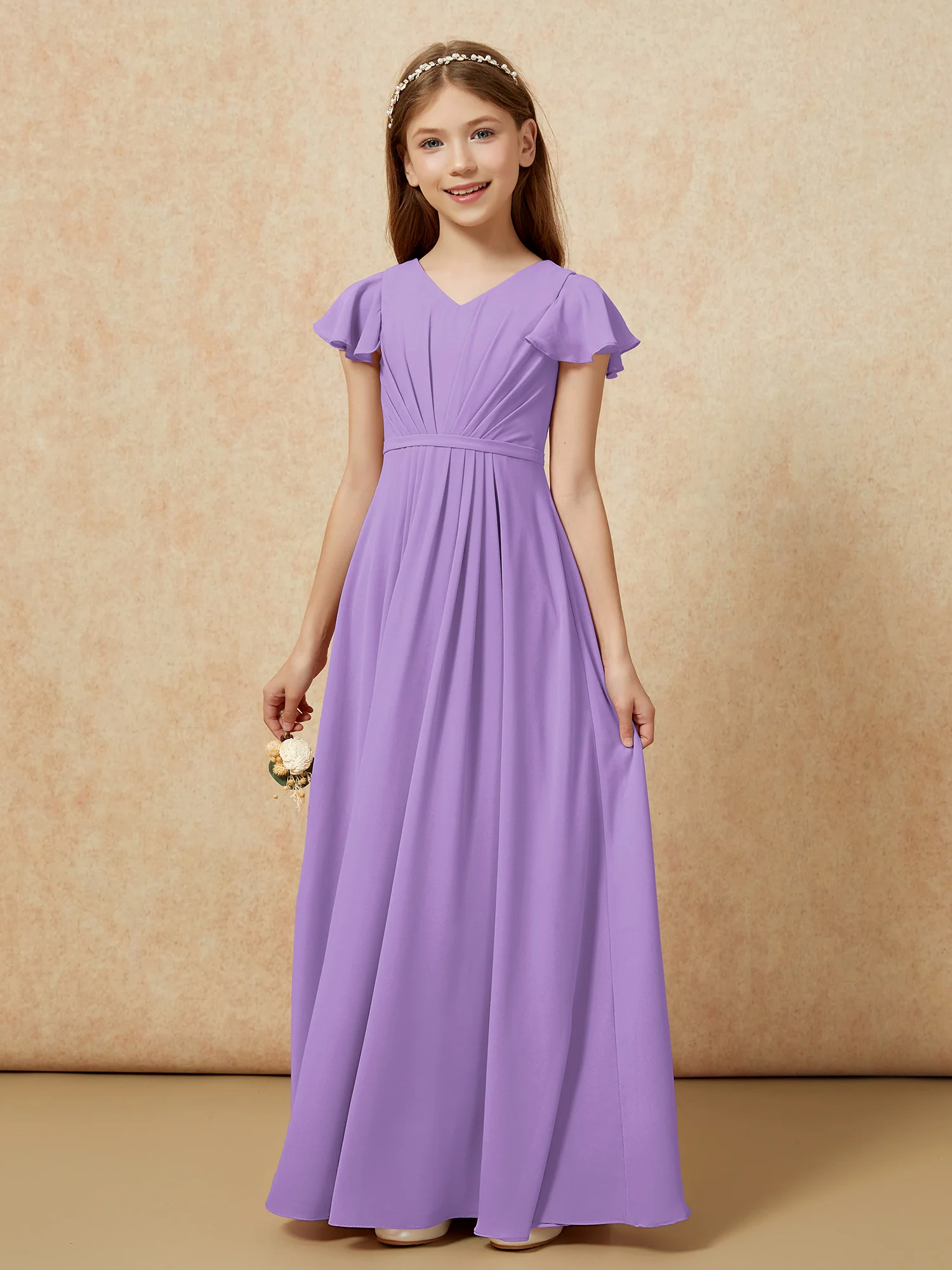 Flutter Sleeves V-neck Chiffon Junior Bridesmaid Dresses Tahiti - Image 7