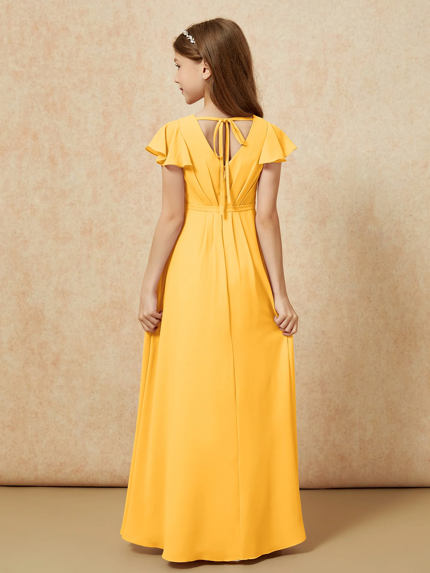 Flutter Sleeves V-neck Chiffon Junior Bridesmaid Dresses Tangerine - Image 2