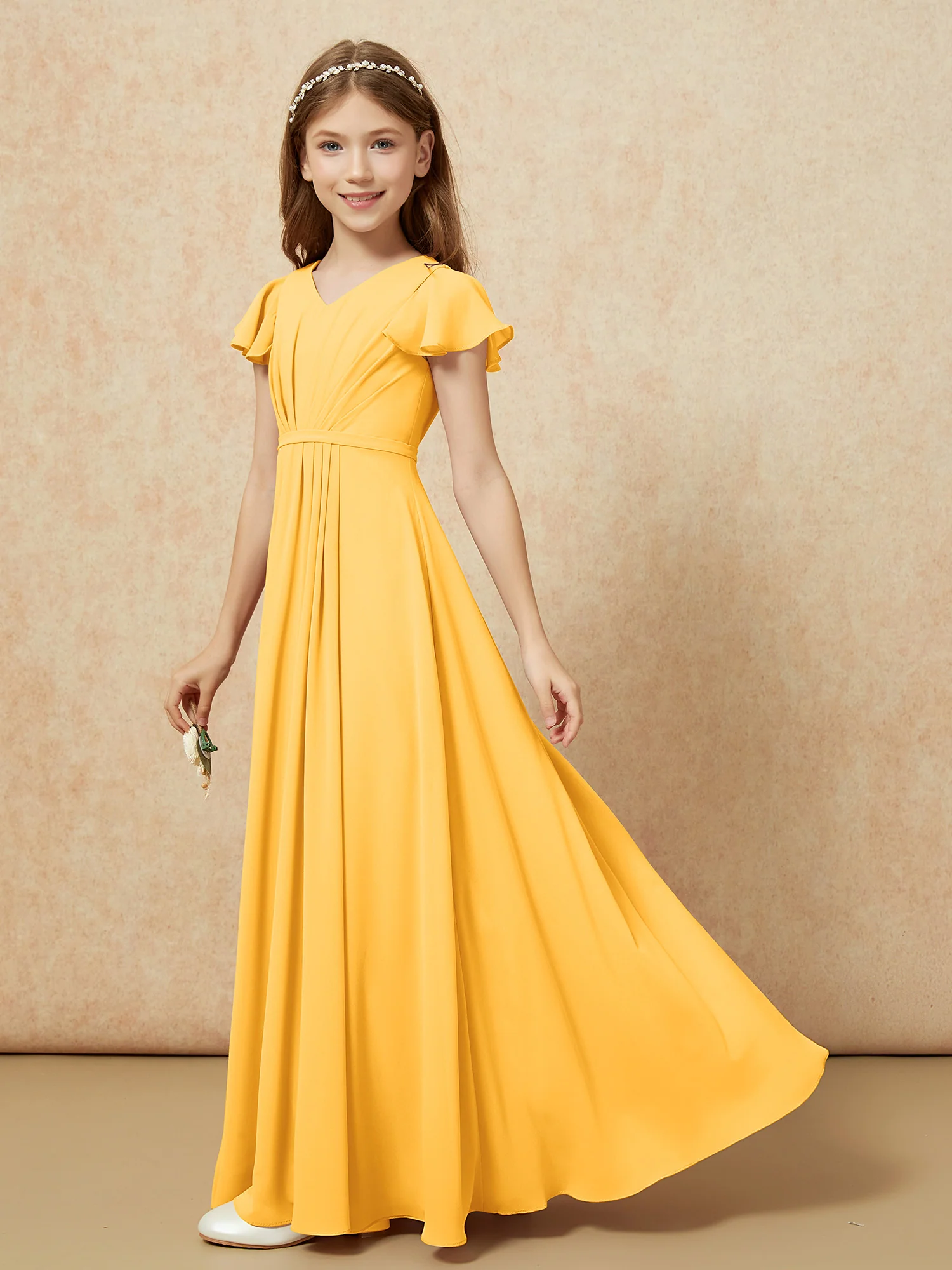 Flutter Sleeves V-neck Chiffon Junior Bridesmaid Dresses Tangerine - Image 3