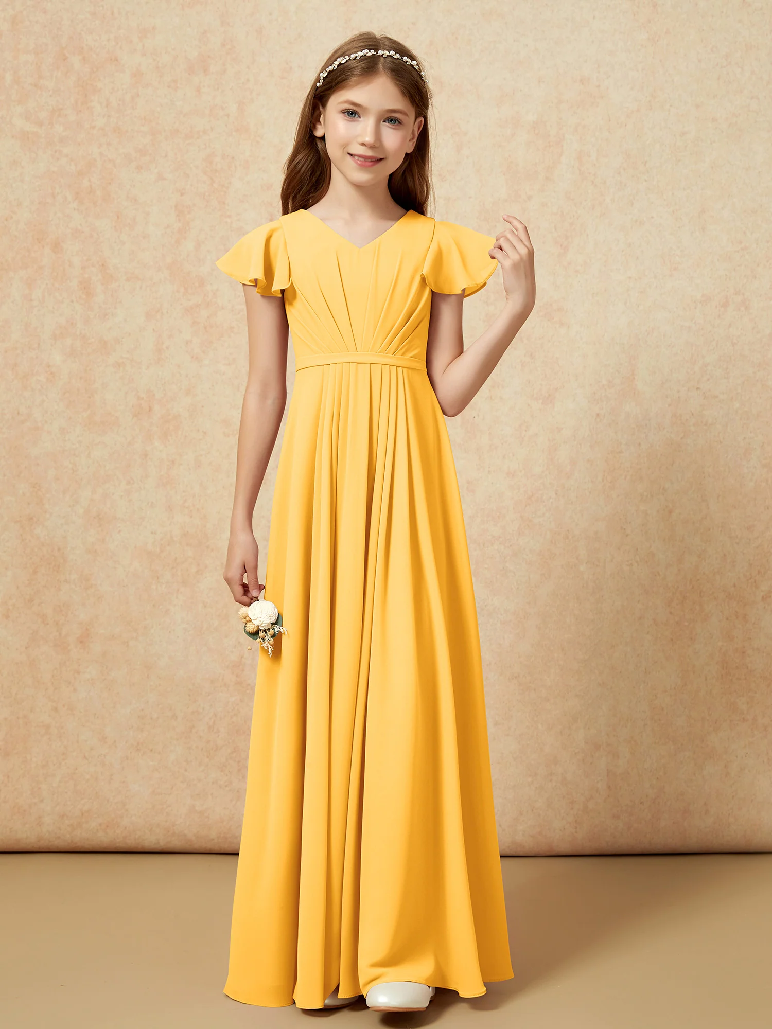 Flutter Sleeves V-neck Chiffon Junior Bridesmaid Dresses Tangerine - Image 4