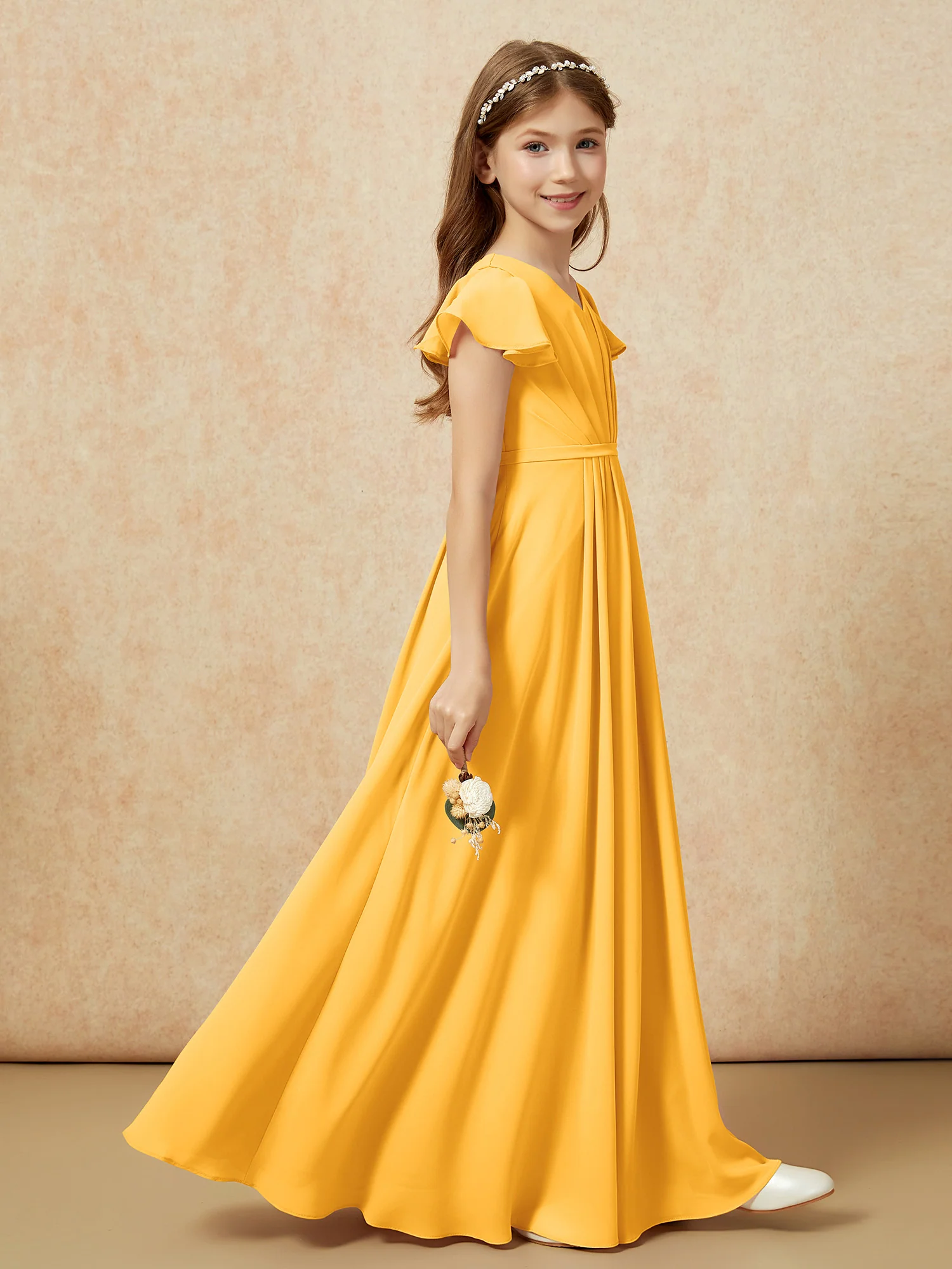 Flutter Sleeves V-neck Chiffon Junior Bridesmaid Dresses Tangerine - Image 5