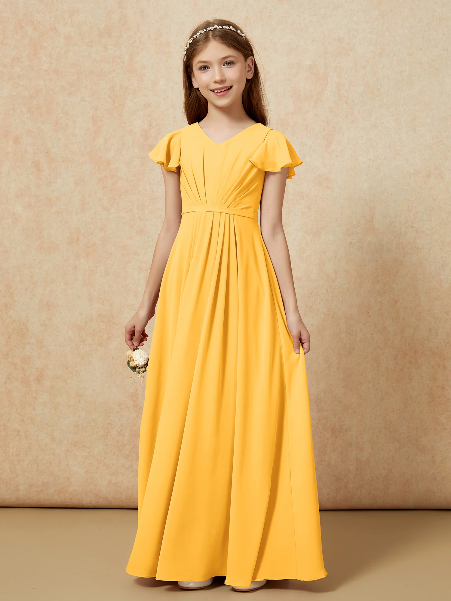Flutter Sleeves V-neck Chiffon Junior Bridesmaid Dresses Tangerine - Image 7