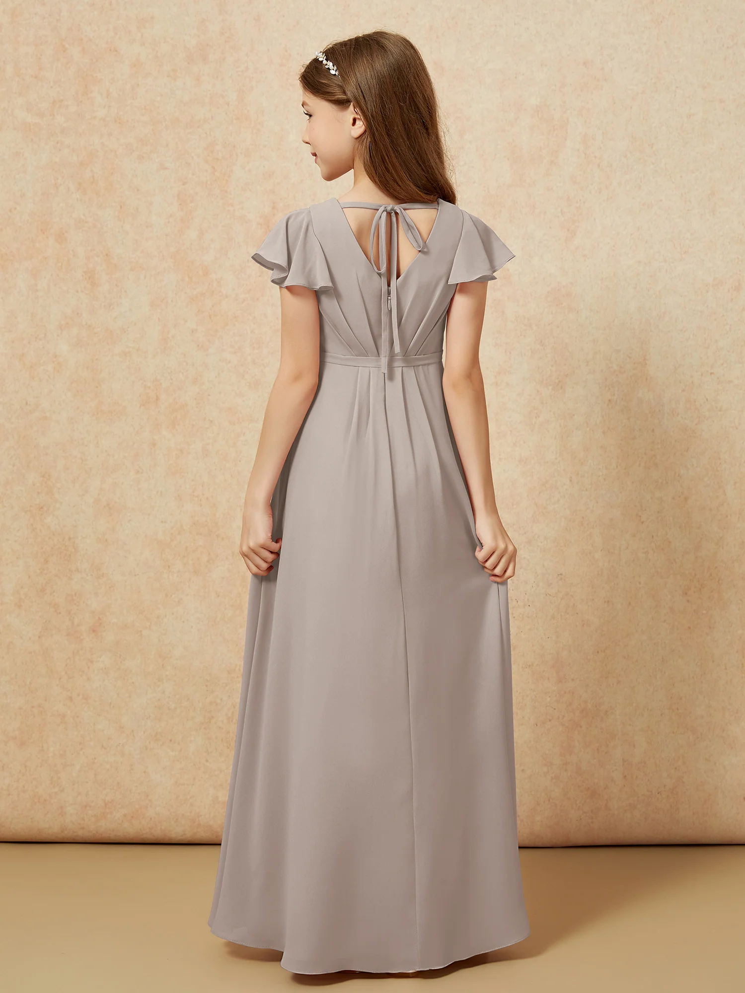 Flutter Sleeves V-neck Chiffon Junior Bridesmaid Dresses Taupe - Image 2