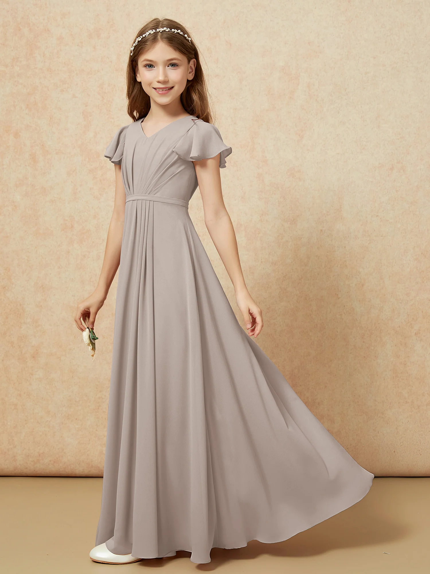 Flutter Sleeves V-neck Chiffon Junior Bridesmaid Dresses Taupe - Image 3