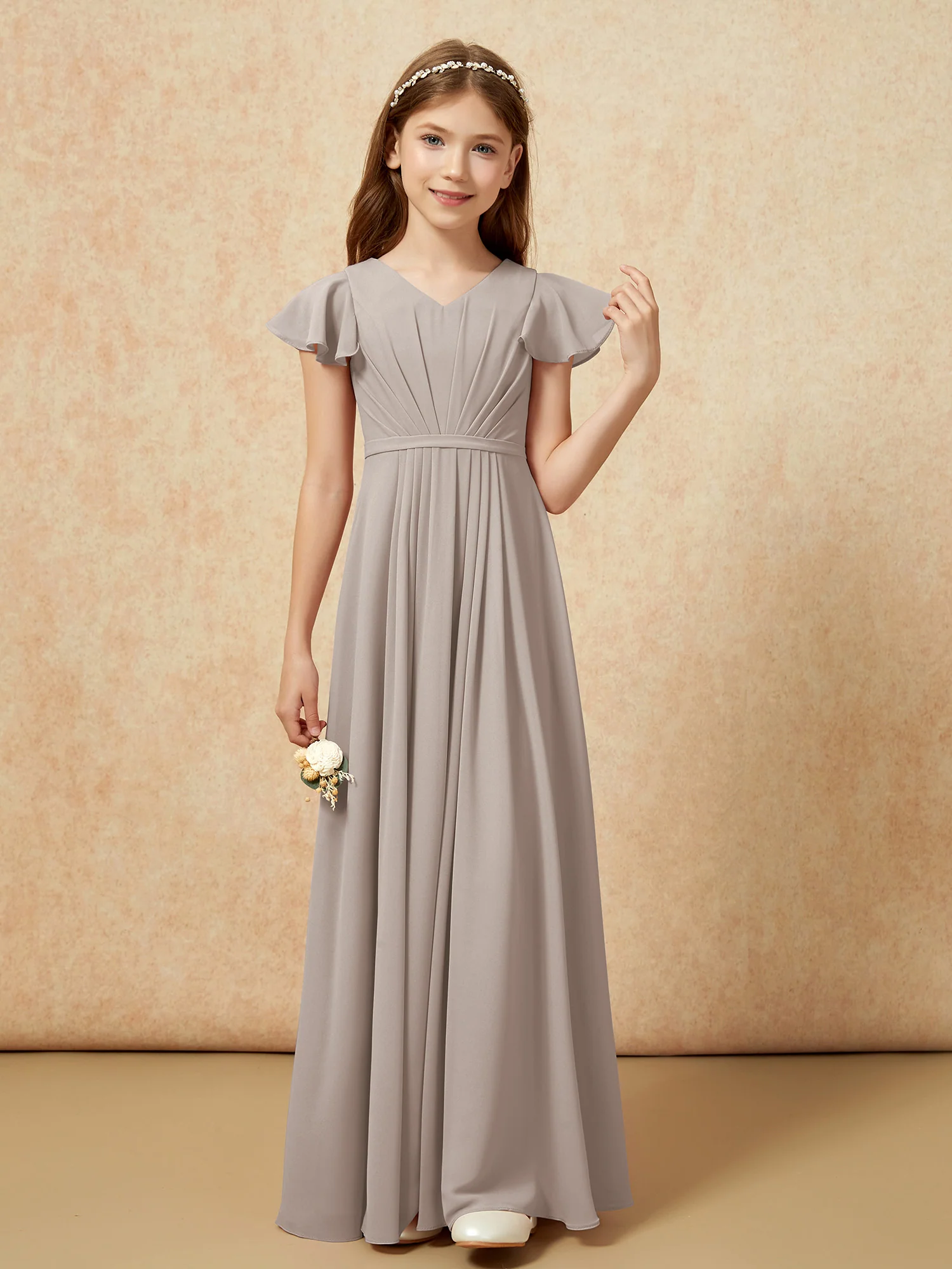 Flutter Sleeves V-neck Chiffon Junior Bridesmaid Dresses Taupe - Image 4