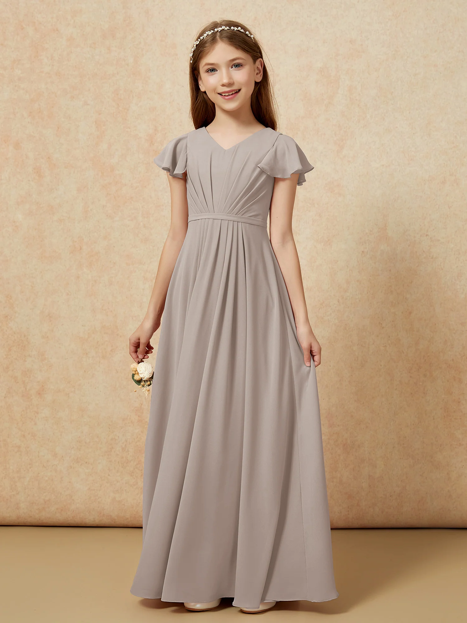 Flutter Sleeves V-neck Chiffon Junior Bridesmaid Dresses Taupe - Image 7