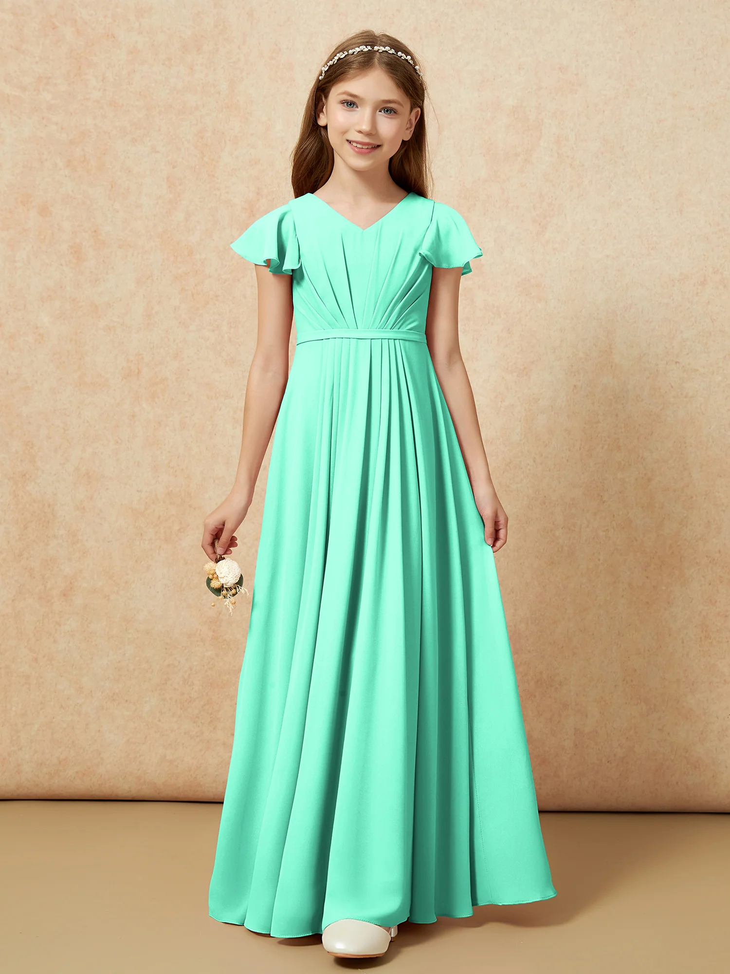 Flutter Sleeves V-neck Chiffon Junior Bridesmaid Dresses Turquoise - Image 6