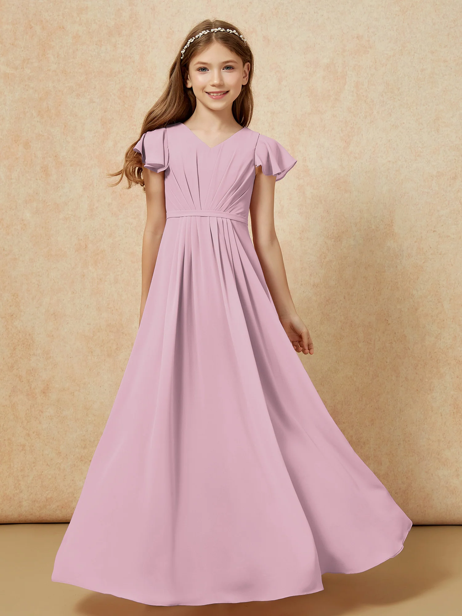 Flutter Sleeves V-neck Chiffon Junior Bridesmaid Dresses Vintage Mauve