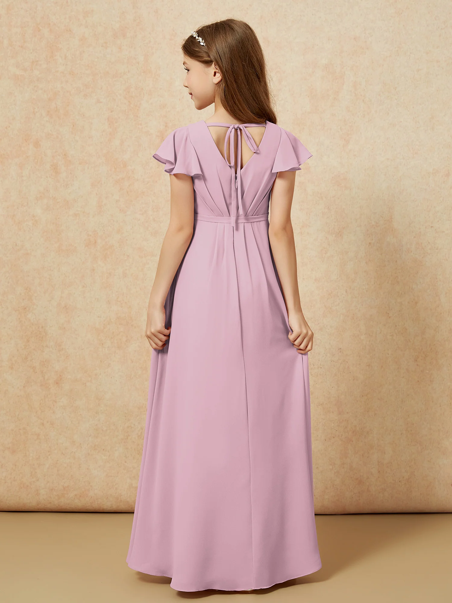 Flutter Sleeves V-neck Chiffon Junior Bridesmaid Dresses Vintage Mauve - Image 2
