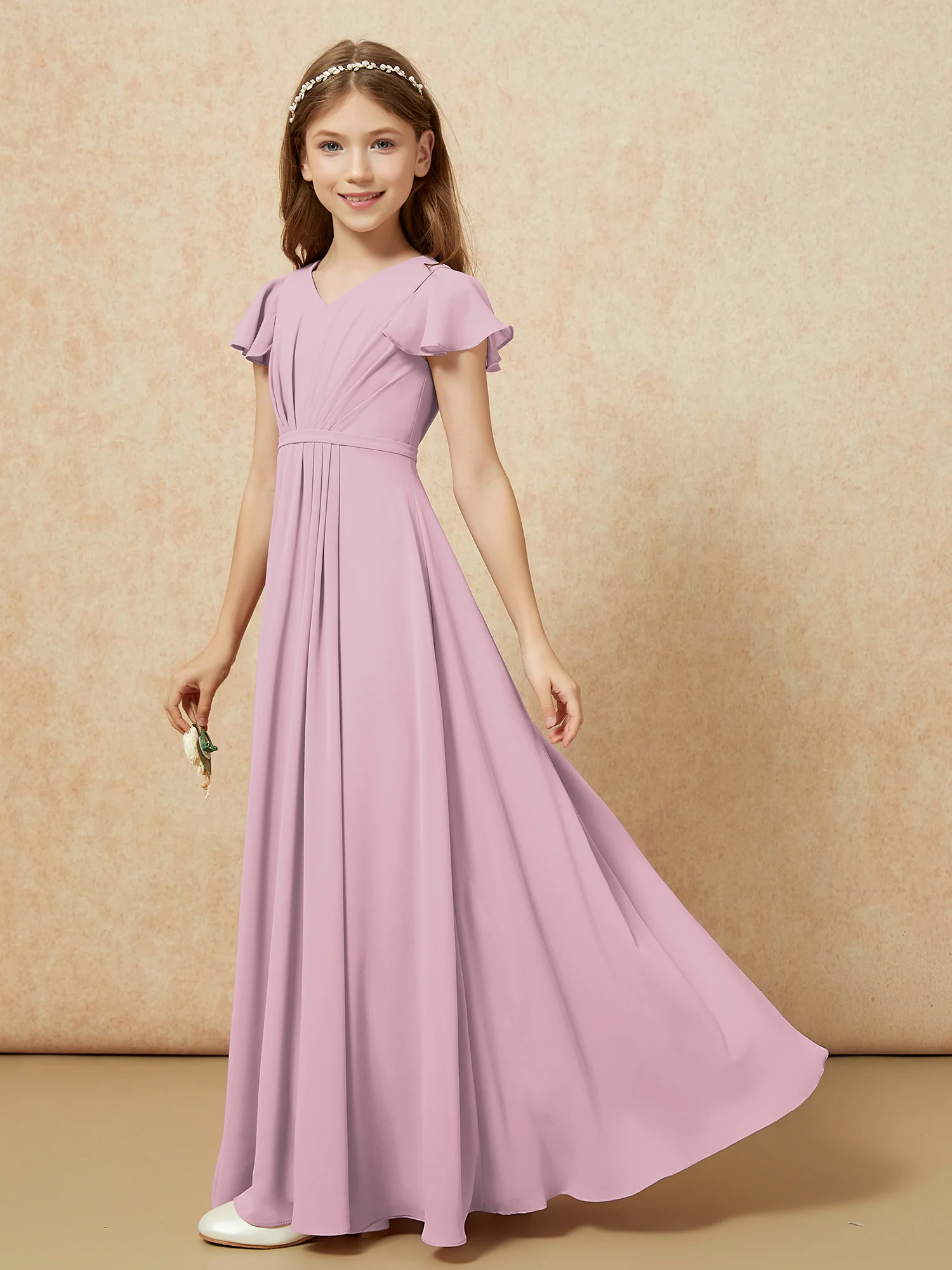 Flutter Sleeves V-neck Chiffon Junior Bridesmaid Dresses Vintage Mauve - Image 3