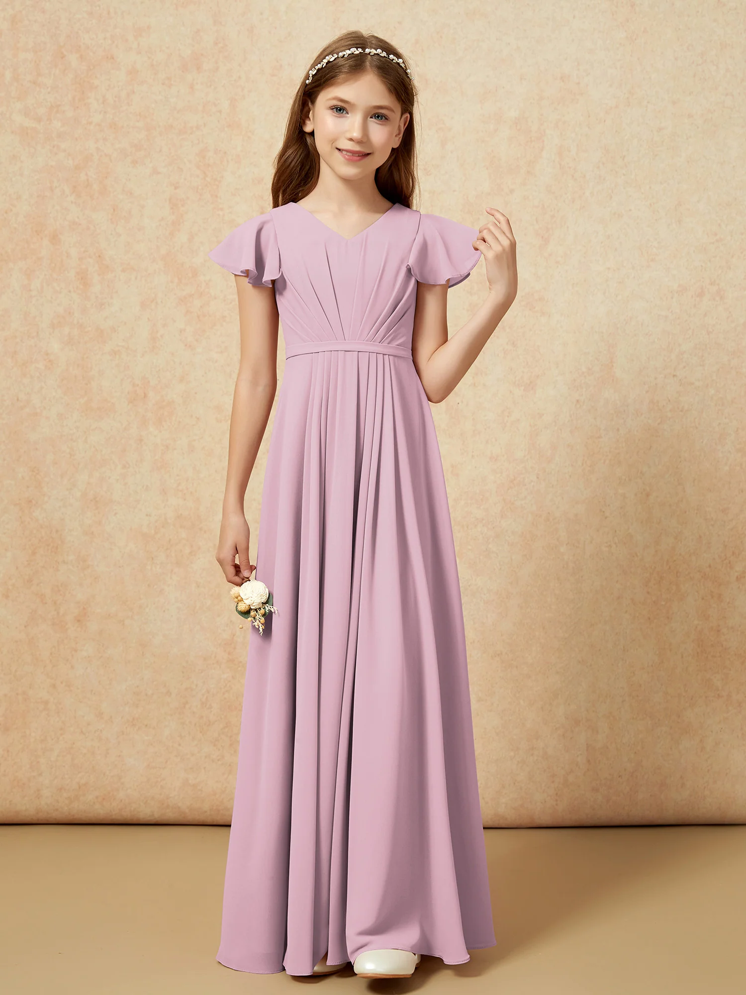 Flutter Sleeves V-neck Chiffon Junior Bridesmaid Dresses Vintage Mauve - Image 4