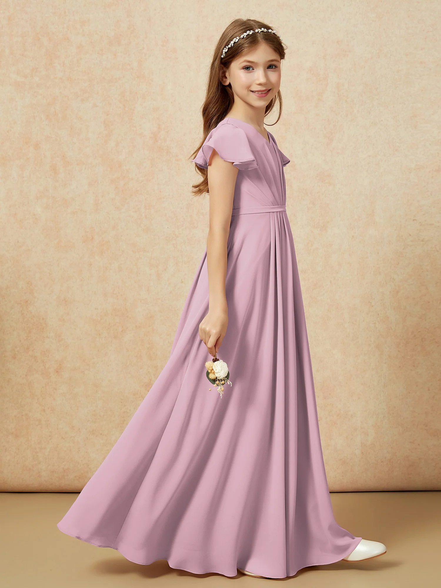 Flutter Sleeves V-neck Chiffon Junior Bridesmaid Dresses Vintage Mauve - Image 5