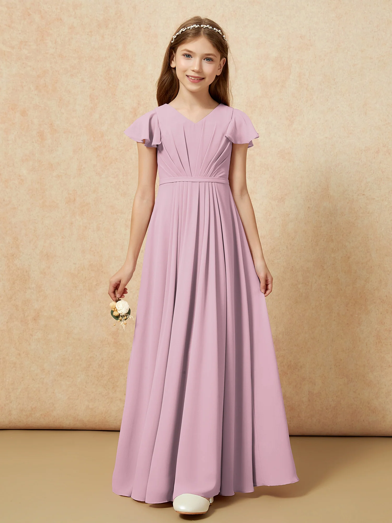 Flutter Sleeves V-neck Chiffon Junior Bridesmaid Dresses Vintage Mauve - Image 6