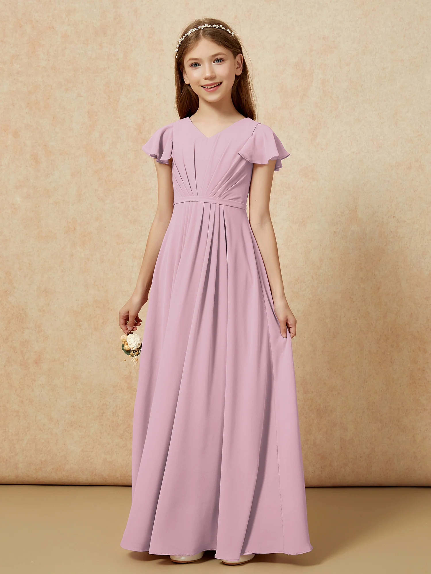 Flutter Sleeves V-neck Chiffon Junior Bridesmaid Dresses Vintage Mauve - Image 7