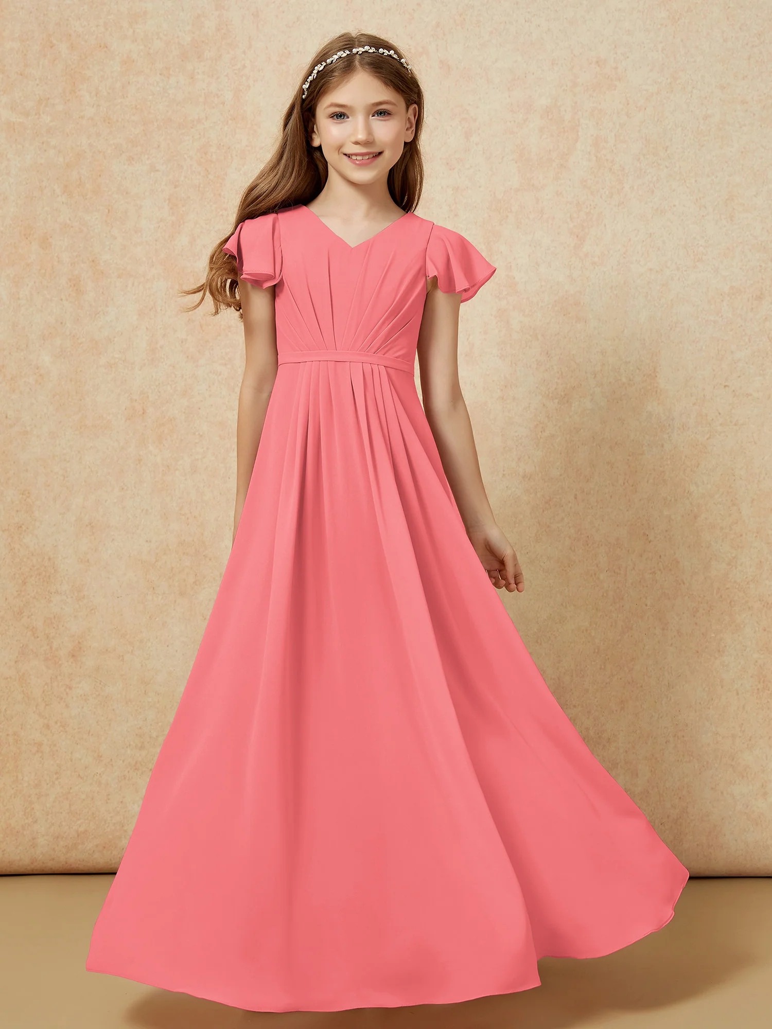 Flutter Sleeves V-neck Chiffon Junior Bridesmaid Dresses Watermelon