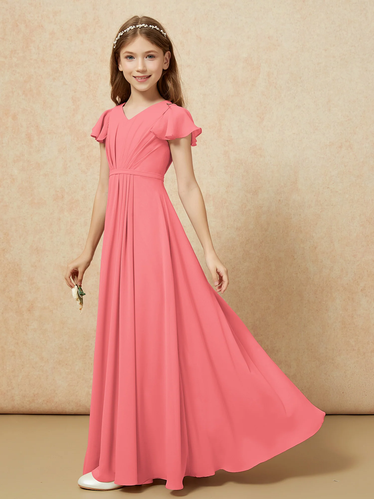Flutter Sleeves V-neck Chiffon Junior Bridesmaid Dresses Watermelon - Image 3