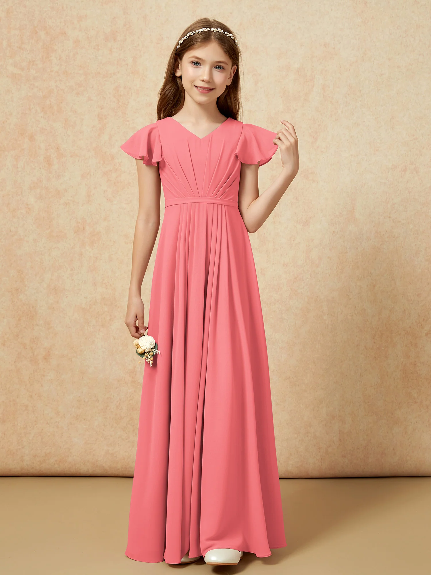 Flutter Sleeves V-neck Chiffon Junior Bridesmaid Dresses Watermelon - Image 4
