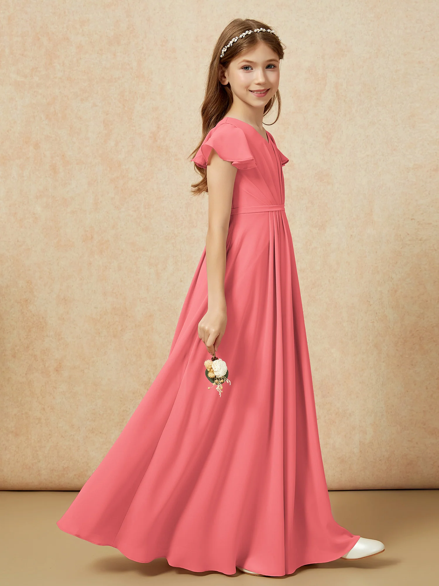 Flutter Sleeves V-neck Chiffon Junior Bridesmaid Dresses Watermelon - Image 5