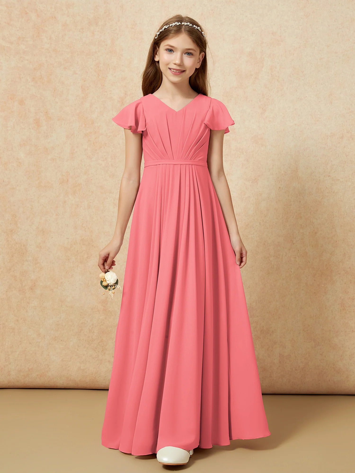 Flutter Sleeves V-neck Chiffon Junior Bridesmaid Dresses Watermelon - Image 6
