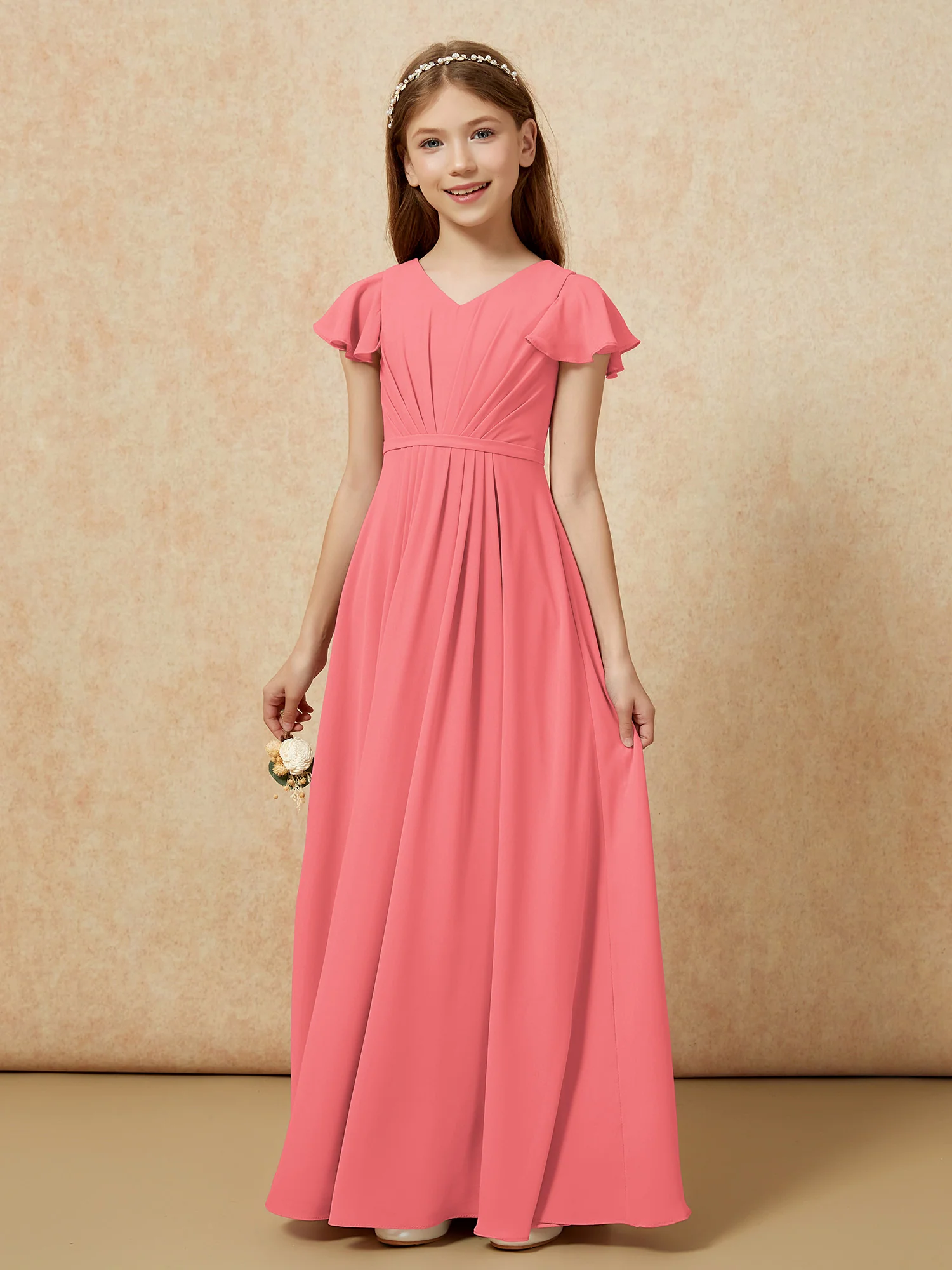 Flutter Sleeves V-neck Chiffon Junior Bridesmaid Dresses Watermelon - Image 7