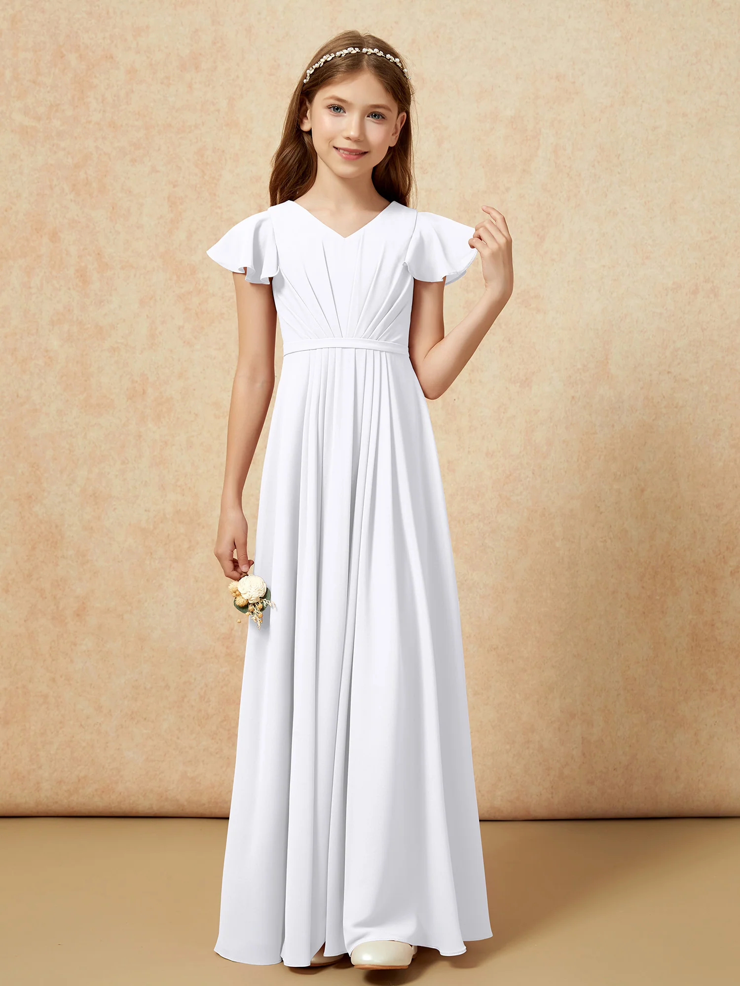 Flutter Sleeves V-neck Chiffon Junior Bridesmaid Dresses White - Image 4
