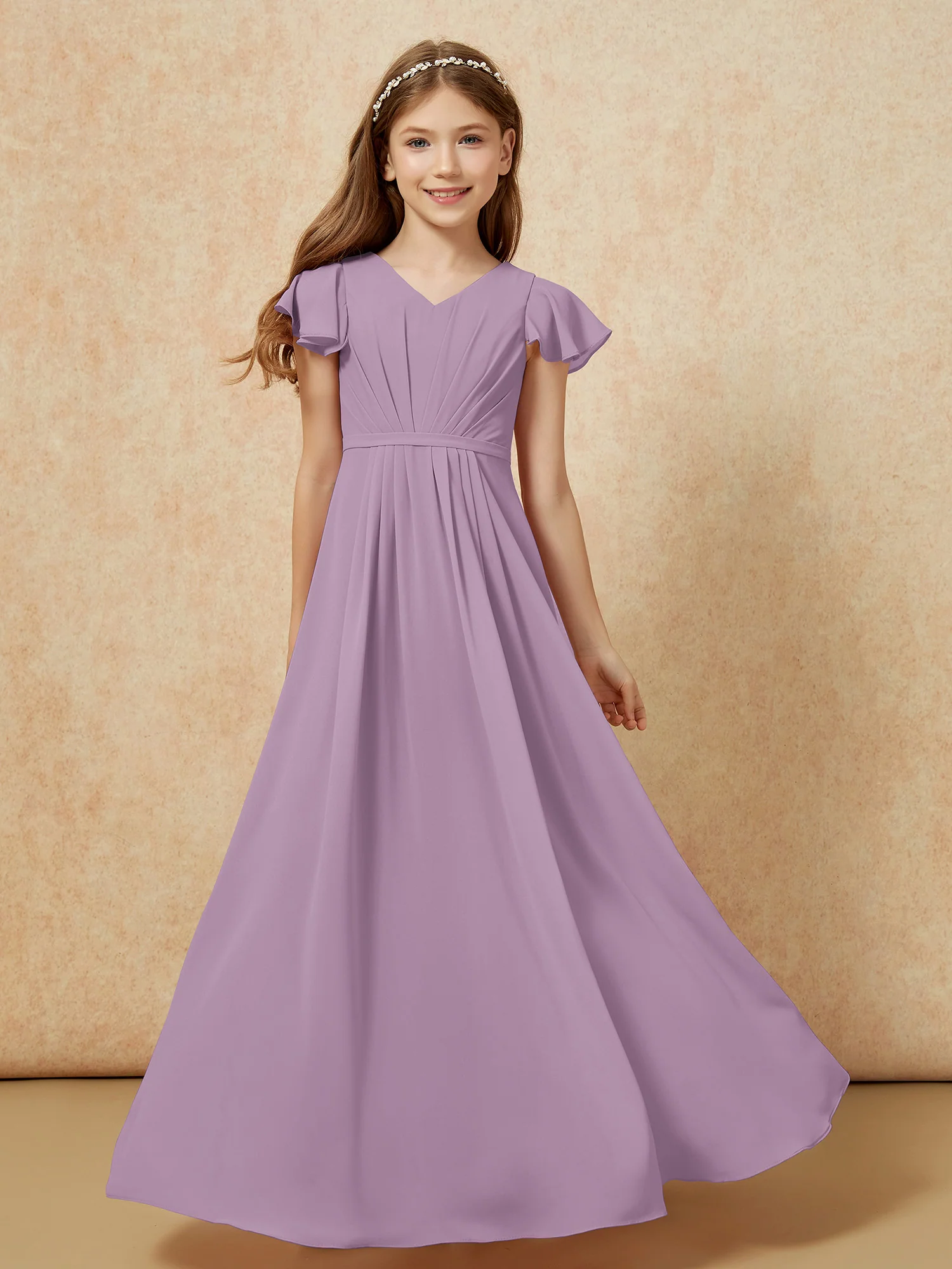 Flutter Sleeves V-neck Chiffon Junior Bridesmaid Dresses Wisteria
