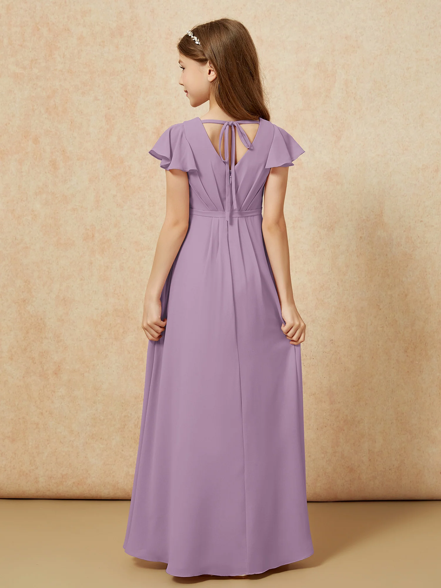 Flutter Sleeves V-neck Chiffon Junior Bridesmaid Dresses Wisteria - Image 2