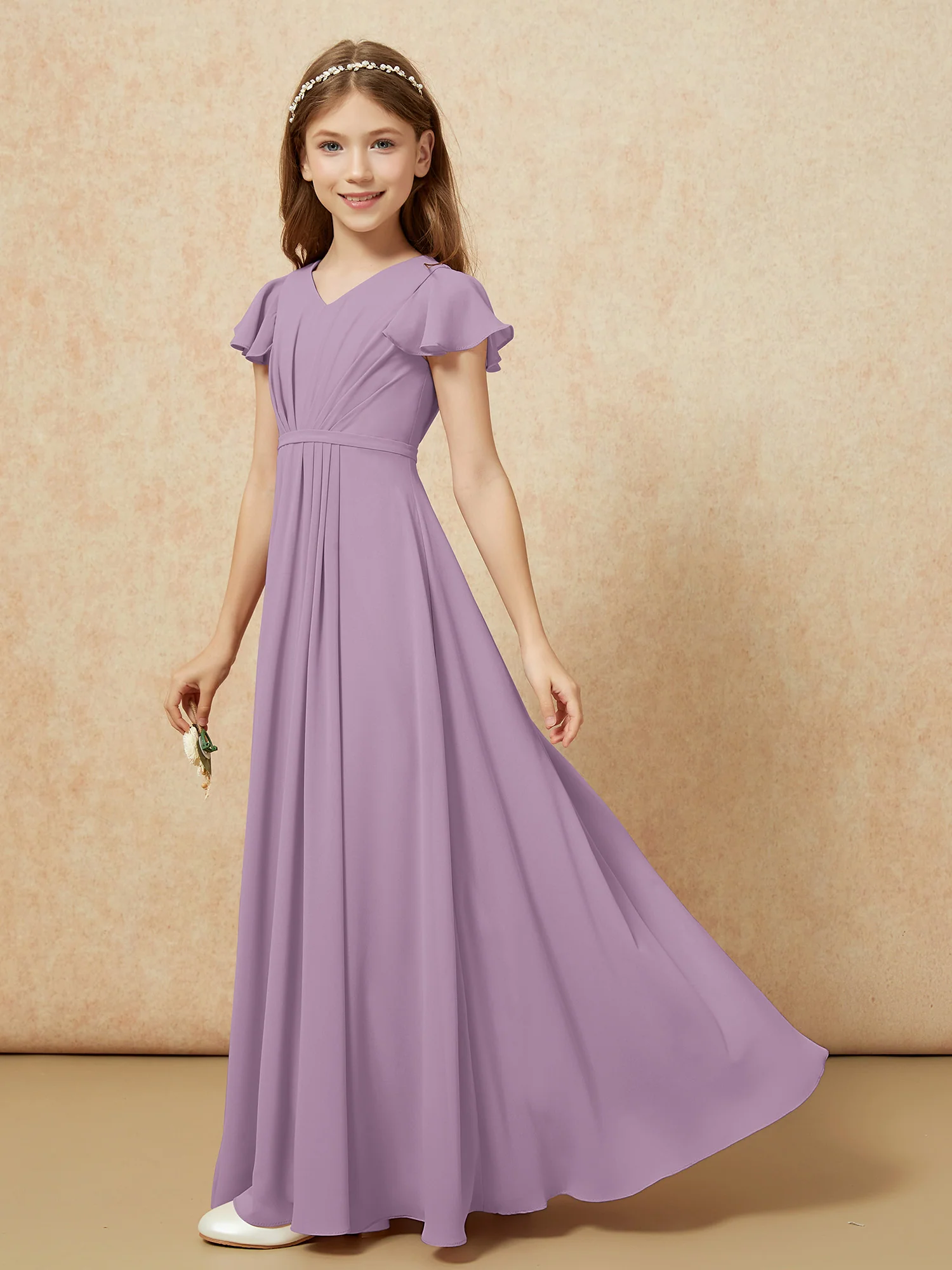 Flutter Sleeves V-neck Chiffon Junior Bridesmaid Dresses Wisteria - Image 3