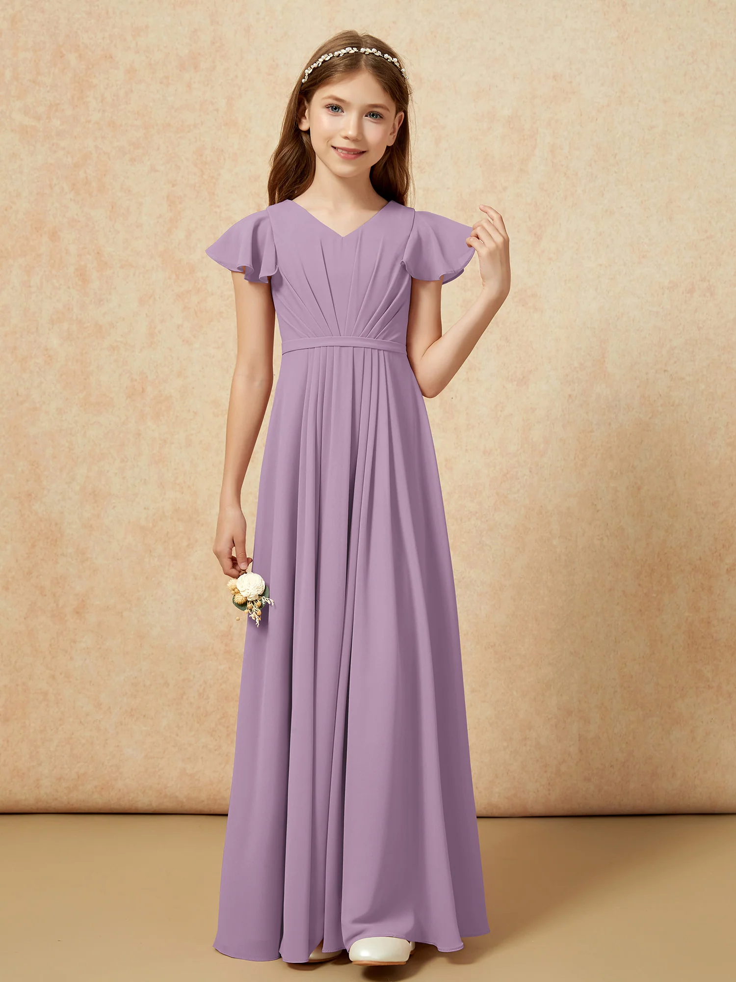 Flutter Sleeves V-neck Chiffon Junior Bridesmaid Dresses Wisteria - Image 4