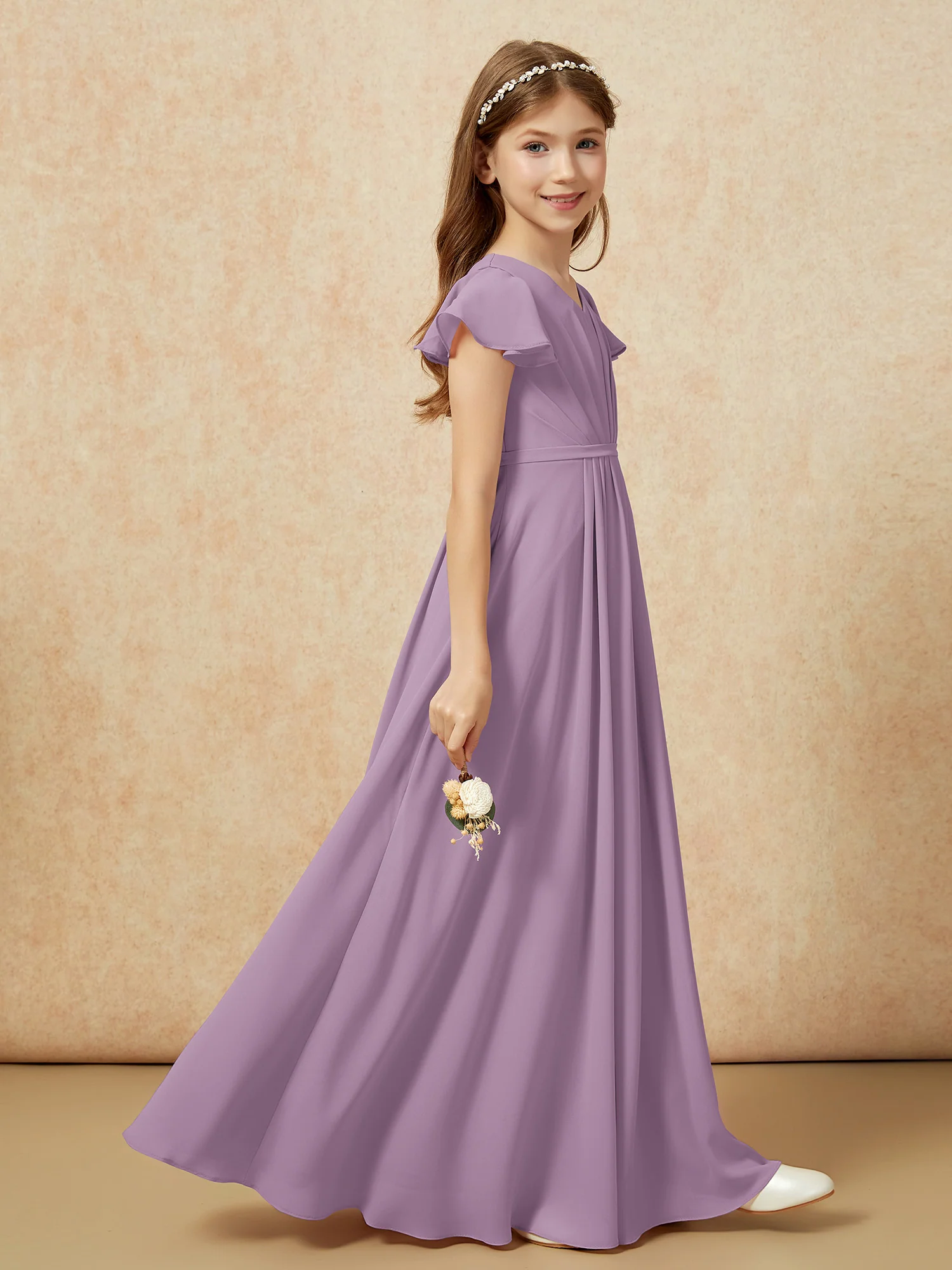 Flutter Sleeves V-neck Chiffon Junior Bridesmaid Dresses Wisteria - Image 5