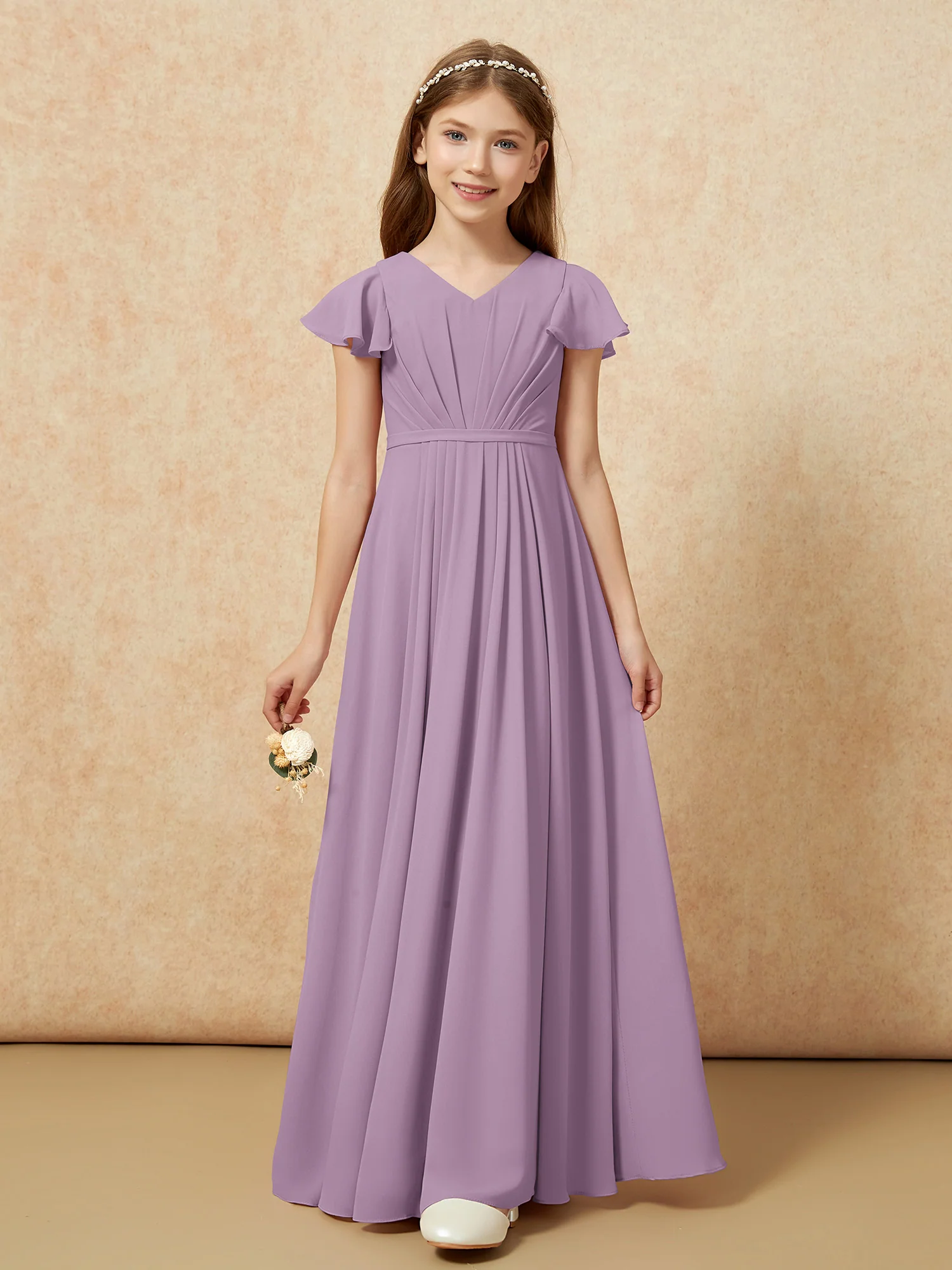 Flutter Sleeves V-neck Chiffon Junior Bridesmaid Dresses Wisteria - Image 6
